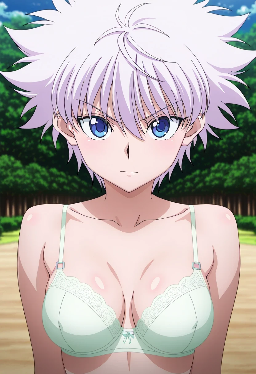 傑作、Best quality、Best resolution、Best image quality、amazing quality、 very aesthetic、 absurdres、anime coloring、anime screencap、anime screenshot、1girl、killua zoldick is a girl、<lora:killua_zoldyck_ilxl:1>、(female:1.4)、female focus、solo、white hair、short hair、spiked hair、bangs、blue eyes、upper body、medium breasts、covered breasts、medium boobs、covered boobs、seamless、wireless bra、lingerie underwear、closed mouth、looking at viewer、standing、white wireless bra、indoor、