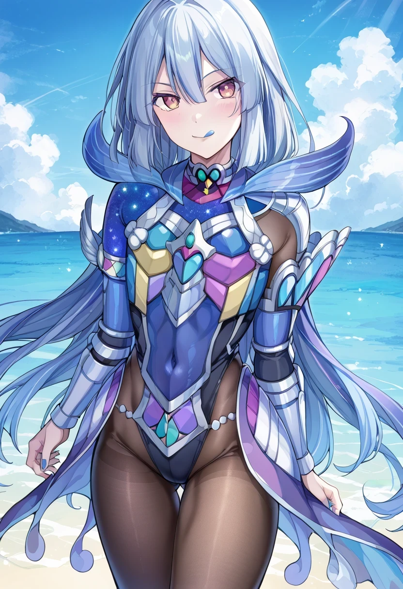 (score 9:0.9)、score 8 up、score 7 up、rating safe、anime style、(zPDXL)、(zPDXL3)、<lora:Tearlaments Reinoheart ponyXL v1.1:0.9>、tearlaments reinoheart、1boy、male focus、solo、water、pectoralis major、flat chest、thigh muscles、leg muscles、blue armor、blue gauntlets、looking at viewe、blue nails、smile、standing、sparkle、beautiful boy、slender body、blue cape、black under leotard、high leg cut leotard、black pantyhose、grain、evil smile、naughty smile、bratty smile、provocative smile、blue tongue、tongue out、