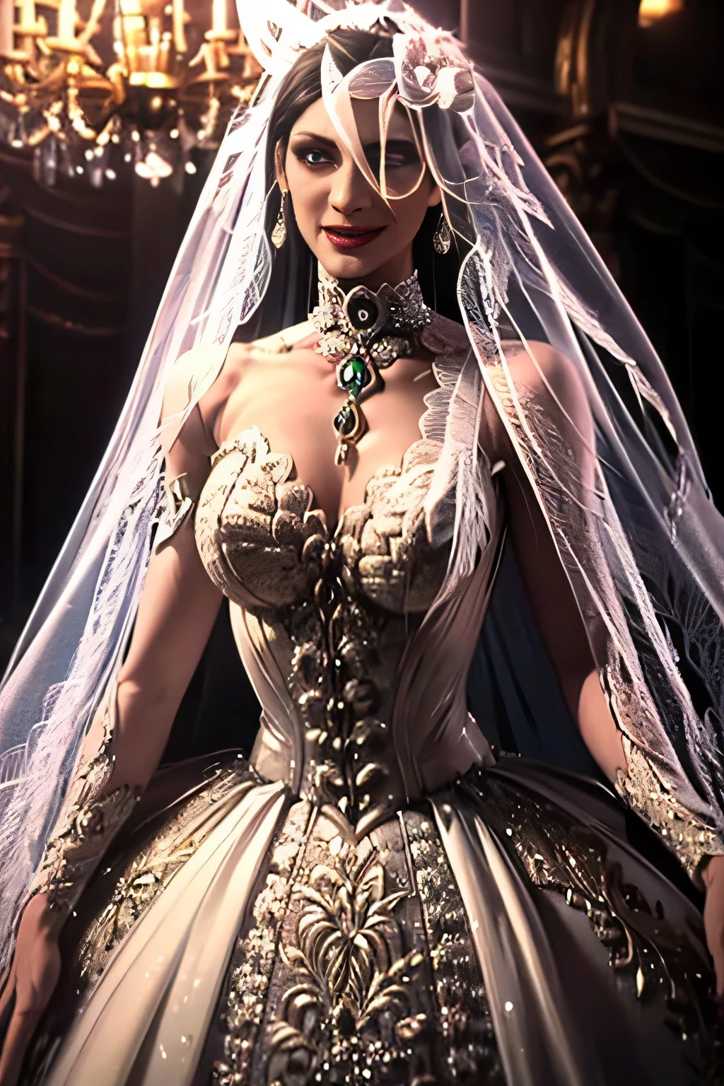 1girl, solo,Hela marvel, crown,earrings ,lipstick, eye shadow, makeup, hair between eyes, ahoge, hair ornament, gloves, dress, cleavage,  shoulders, collarbone, white oprea gloves, white gloves, white dress, strapless, white choker, tiara, veil, strapless dress, wedding dress, bridal veil, beautiful woman, perfect body, perfect , wearing a wedding dress, ball gown, in the park trees, wedding decorations, looking at the viewer,  smile, realism, masterpiece, textured skin, super detail, high detail, high quality, best quality, 1080p, black hair, see-through bridal veil, high heels, extremely poofy wedding dress filled with white poofy petticoats hidden beneath the massive skirt of her wedding dress, holding a black rose bouquet