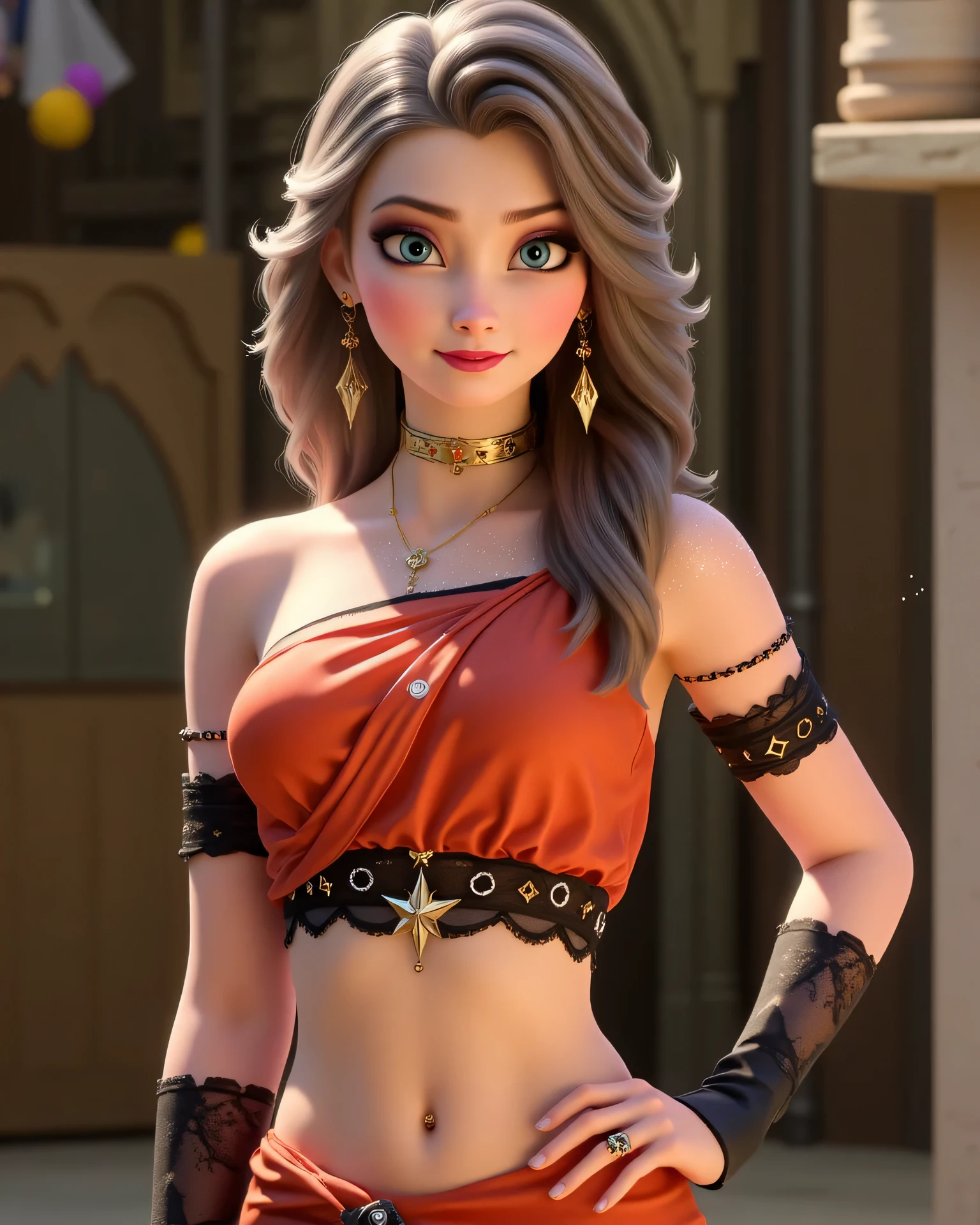 Woman long black hair tattoo arm chest, cell phone in hand in a casino