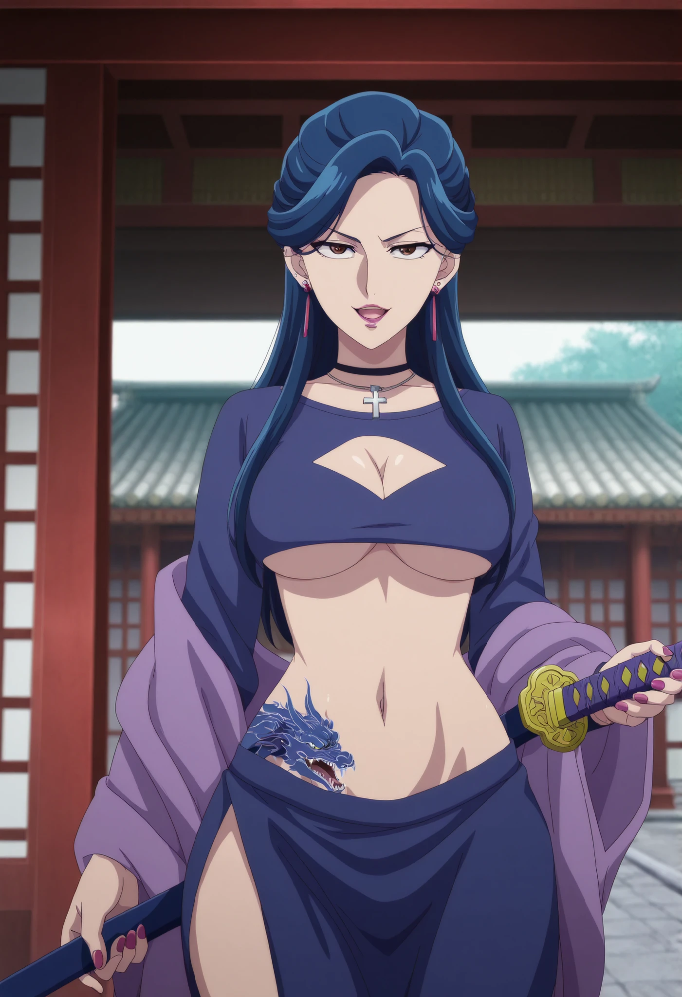 1girl,solo,mm,mature female,earrings,brown eyes,blue hair,lipstick, swept bangs,
necklace,,, open mouth, cowboy shot, ,nail polish, , ear piercing , long hair , , lipstick , Hot girl , baddie , , sensual , attractive , cross necklace , choker , jewelry ,, open mouth, jewelry, outdoor, japanese architecture, temple, kimono, purple shawl, wide sleeves, , serious, looking at viewer, slim belly, east asian architecture,,holding sword, , mature female, masterpiece,high quality,4k,belly,,,cleavage, ,, smile, open mouth, (nsfw) not safe for work, evil expression,belly, exposed navel, exposed midriff, cleavage cutout, , exposed lower belly,,,navel underboob , side slit, , medium large Breasts, dragon tattoo on waist, narrowed eyes, tattoo on waist,, anipai_style , anime screencap , anime coloring,,v-shape eyebrows