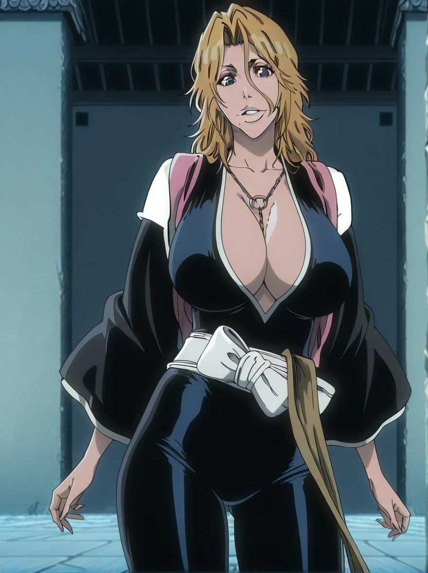 傑作、best quality、best resolution、best image quality、amazing quality、 very aesthetic、 absurdres、anime coloring、anime screencap、anime screenshot、1woman 、<lora:Rangiku_Matsumoto_Bleach_Thousand-Year_Blood_War_art_style_-_Illustrious_V2:1> 、 Rangiku 、solo 、blonde hair 、short hair 、blue eyes 、Hair between the eyes、medium hair、loose hair strand、parted bangs、wavy hair、parted lips、juicy lips、 mole under mouth 、very large breasts 、cleavage 、large boobs 、large tits 、mature female 、collarbone 、blue bodysuit 、bare shoulders 、outfit:bodysuit 、yellow sash 、sash 、tight bodysuit 、seamless 、blue high heels 、tall woman 、standing 、cowboy shot 、looking at viewer 、female focus 、dutch angle 、smile、elegant、elegant smile、cat's eye style、