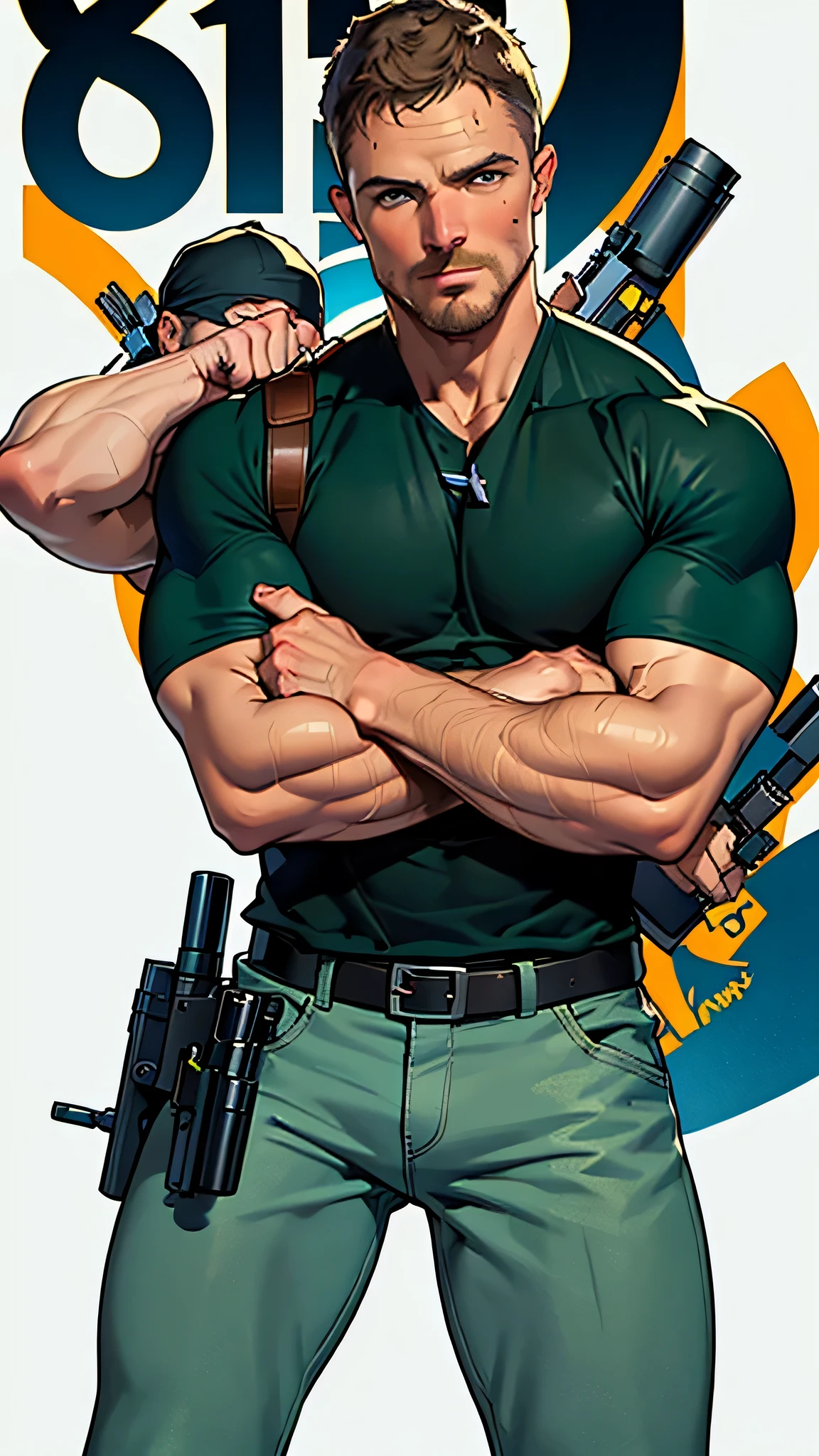 vpl,vpl,1 man, male focus solo,45 yo man, (((Stephen AMELL as private investigator))), lean muscle, open blue shirt, marine blue jeans with brown belt ,( bulge), full body shot, dark blond short hair, BLUE GREEN EYES , well groomed facial hair, (((( HANDS CROSSED , holding TWO guns IN BOTH HANDS LIKE JAMES BOND )))) (((SPREAD LEGS , VERY MANLY APPERANCE ))), ultra high quality, masterpiece, ( ever changing background, blue and white and green arabesques lines in the background)