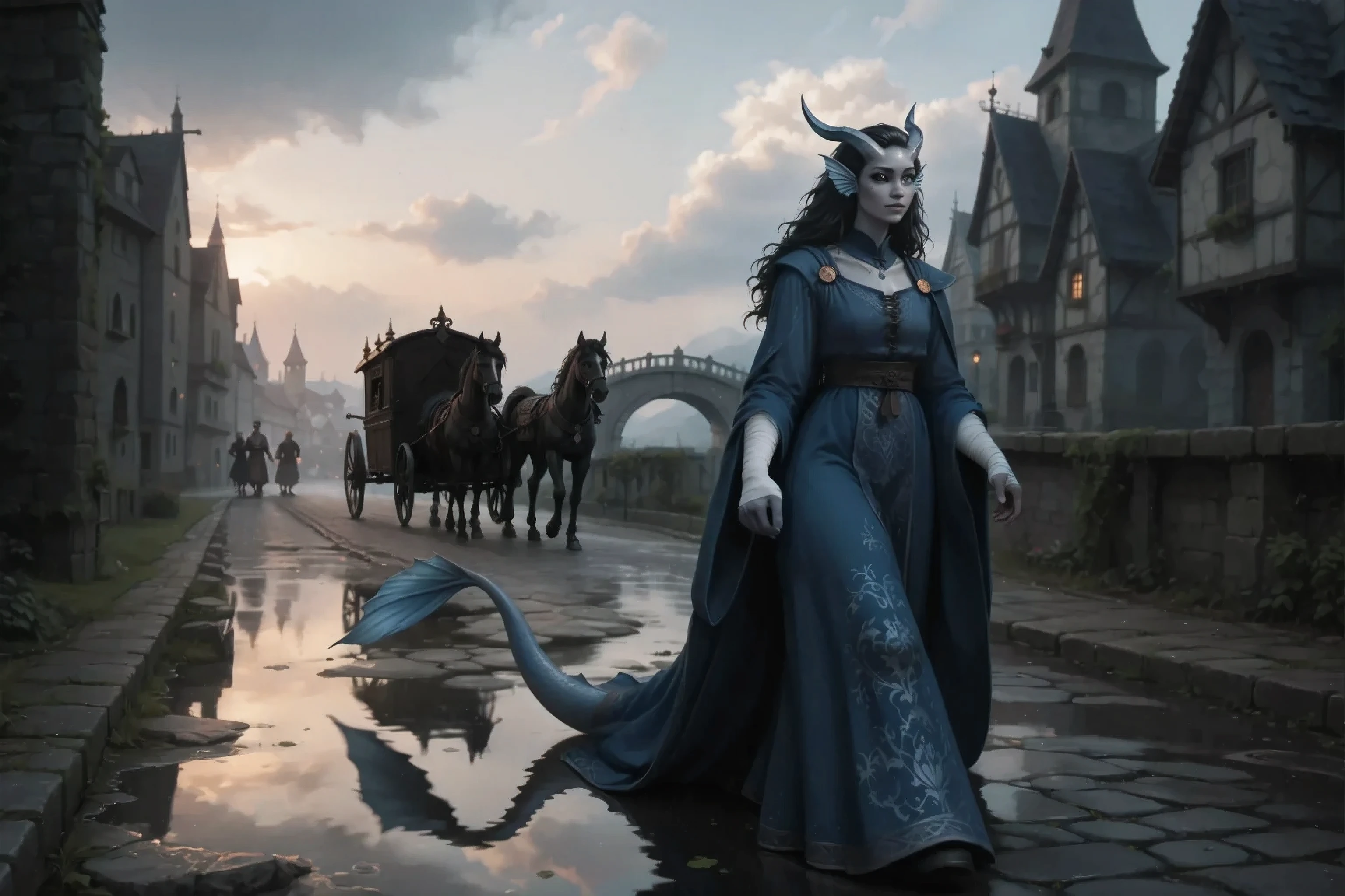 best quality, Ultra-detailed, Highest resolution 8K, Cinematic emotional static frame, 8K UHD, extremely detailed, physical visualization, masterpiece,
On the right, a Kedra woman walks along the medieval pavement, bright blue eyes , dark blue-gray skin , fins on the head, , loose black hair , hand bandages, horns, ( Best hands ), ( 5 fingers), the tail spreads across the ground. Good view.
Dressed in a ceremonial luxurious blue robe with white intricate patterns moves in the background, long sleeves, the long hem of the robe.
Lots of puddles on the pavement. Gloomy sky with clouds. Cloud reflections in puddles. The sunset light gives long soft shadows. large puddles on the left.
Woman walks along the medieval pavement On the left side, a black carriage drawn by black horses is moving in the background, medieval royal.
Medieval fantasy houses walk across the ancient medieval bridge, on the right and left. The dark fantasy atmosphere. Dark frame, darkrain.
The light falls and gives long soft shadows.