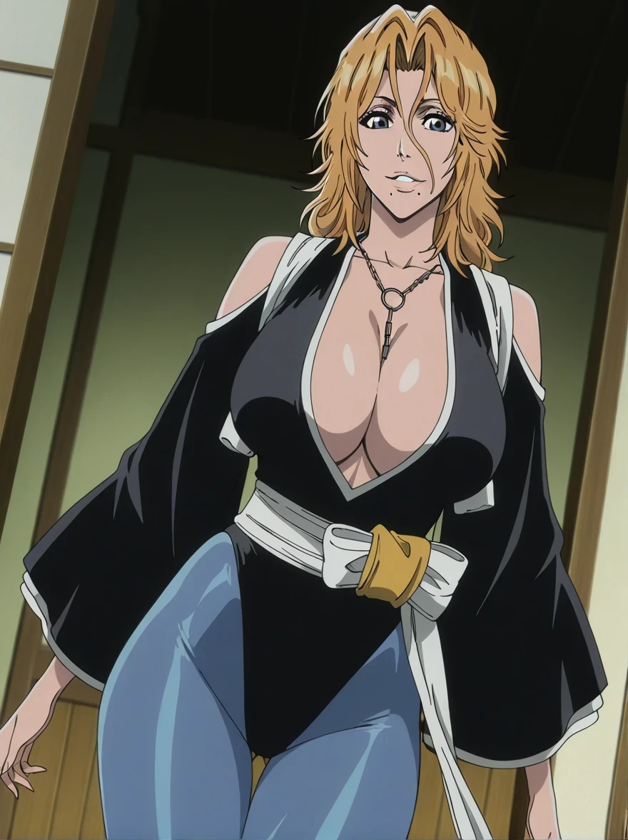傑作、best quality、best resolution、best image quality、amazing quality、 very aesthetic、 absurdres、anime coloring、anime screencap 、anime screenshot 、1woman 、<lora:Rangiku_Matsumoto_Bleach_Thousand-Year_Blood_War_art_style_-_Illustrious_V2:0.6> 、 Rangiku 、solo 、blonde hair 、short hair 、blue eyes 、Hair between the eyes、medium hair、loose hair strand、parted bangs、wavy hair、parted lips、juicy lips、 mole under mouth 、very large breasts 、cleavage 、large boobs 、large tits 、mature female 、collarbone 、deltoids 、blue leotard 、bare shoulders 、long sleeves 、outfit:leotard 、high leg cut leotard、blue pantyhose 、catsuit 、Catsuit style processing 、yellow sash 、sash 、tight leotard 、tight pantyhose 、seamless 、blue high heels 、tall woman 、standing 、cowboy shot 、looking at viewer 、female focus 、dutch angle 、smile、elegant、elegant smile、cat's eye style、