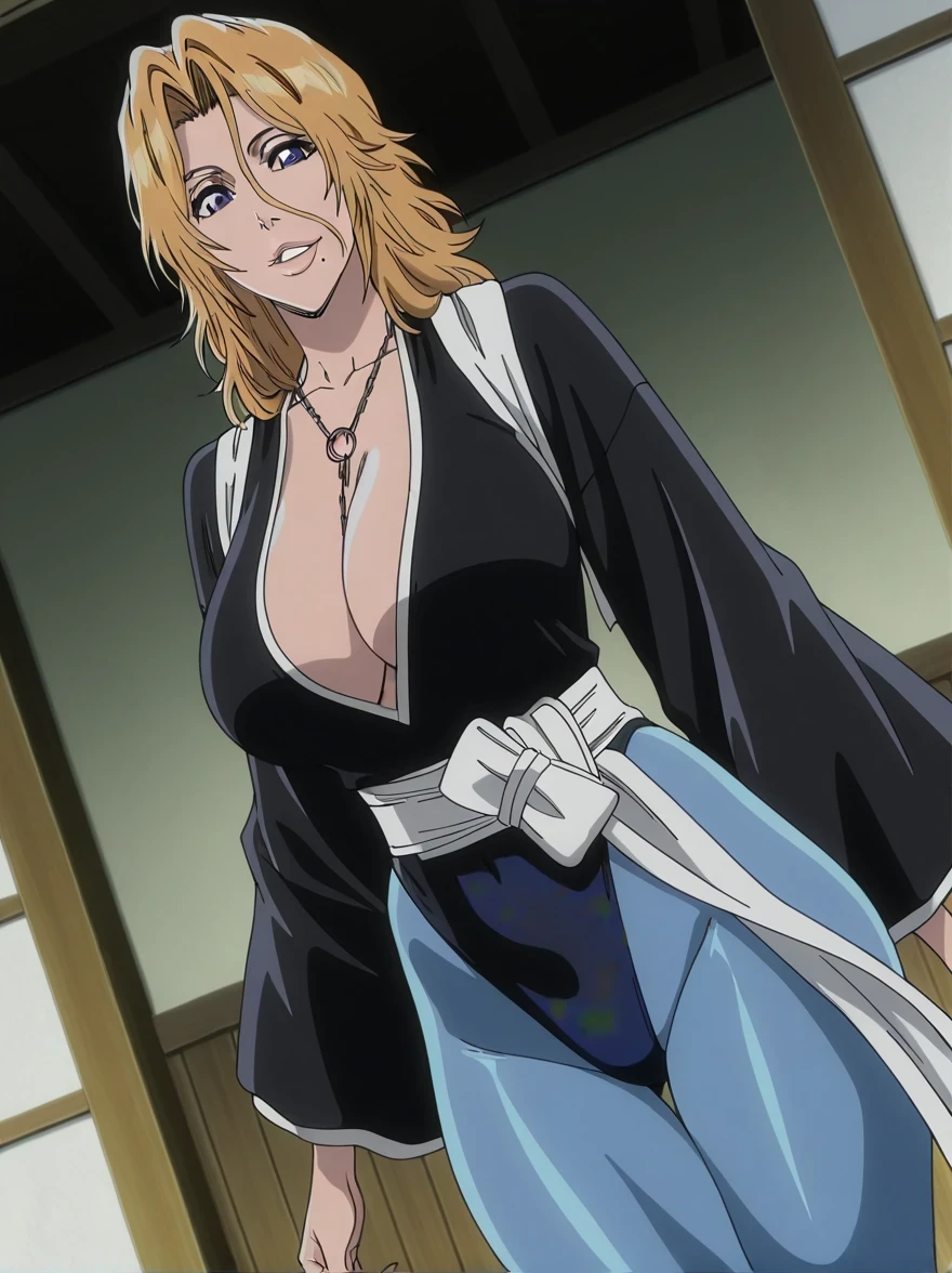 傑作、best quality、best resolution、best image quality、amazing quality、 very aesthetic、 absurdres、anime coloring、anime screencap 、anime screenshot 、1woman 、<lora:Rangiku_Matsumoto_Bleach_Thousand-Year_Blood_War_art_style_-_Illustrious_V2:0.6> 、 Rangiku 、solo 、blonde hair 、short hair 、blue eyes 、Hair between the eyes、medium hair、loose hair strand、parted bangs、wavy hair、parted lips、juicy lips、 mole under mouth 、very large breasts 、cleavage 、large boobs 、large tits 、mature female 、collarbone 、deltoids 、blue leotard 、long sleeves 、outfit:leotard 、high leg cut leotard、blue pantyhose 、catsuit 、Catsuit style processing 、yellow sash 、sash 、tight leotard 、tight pantyhose 、seamless 、blue high heels 、tall woman 、standing 、cowboy shot 、looking at viewer 、female focus 、dutch angle 、smile、elegant、elegant smile、cat's eye style、