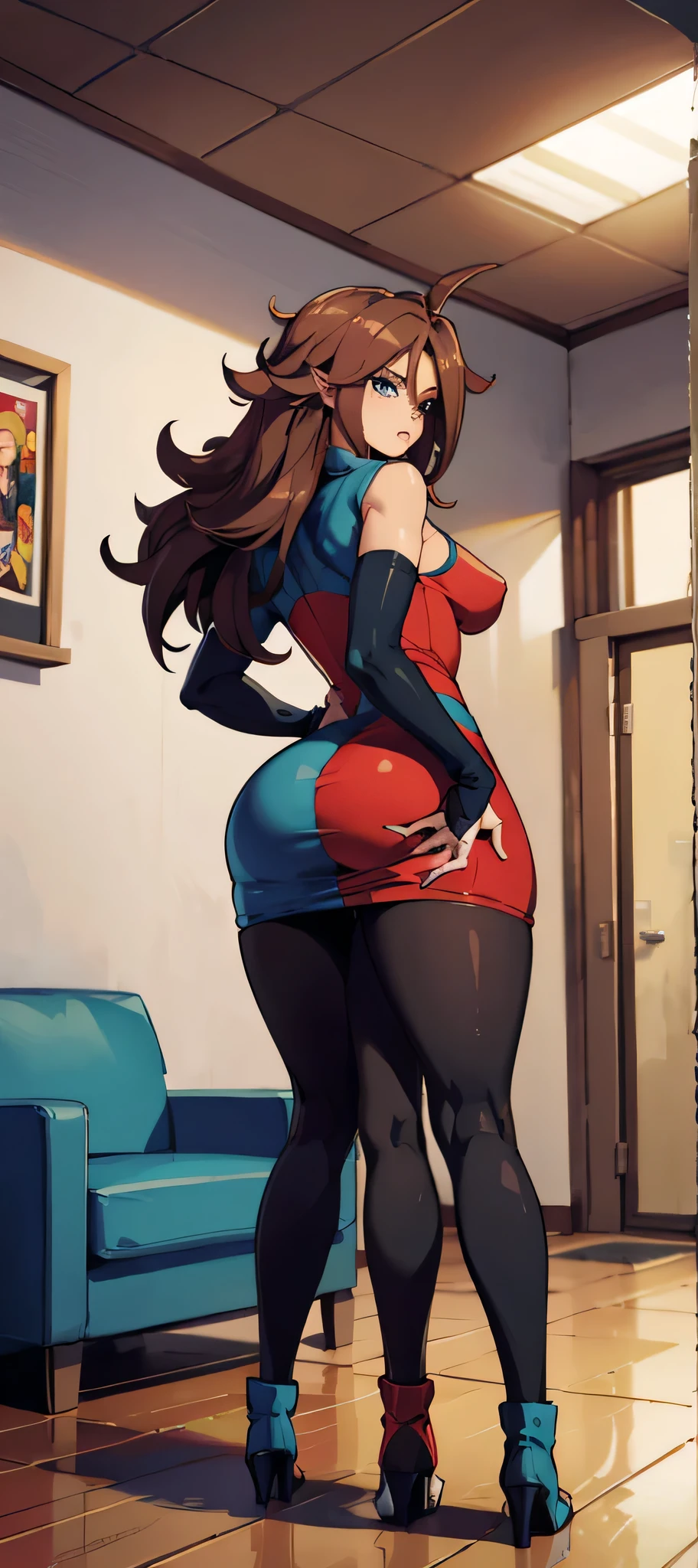 Back to camera, back view, camera from behind , android 21, cups, long brown hair, blue colored eyes, plaid dress, pantyhose, looking to the side, pose lateral, standing, ele está standing, serious, legs spread open, livingroom, light bulb, high qualiy, work of art, legs thick, big-ass, body healed,