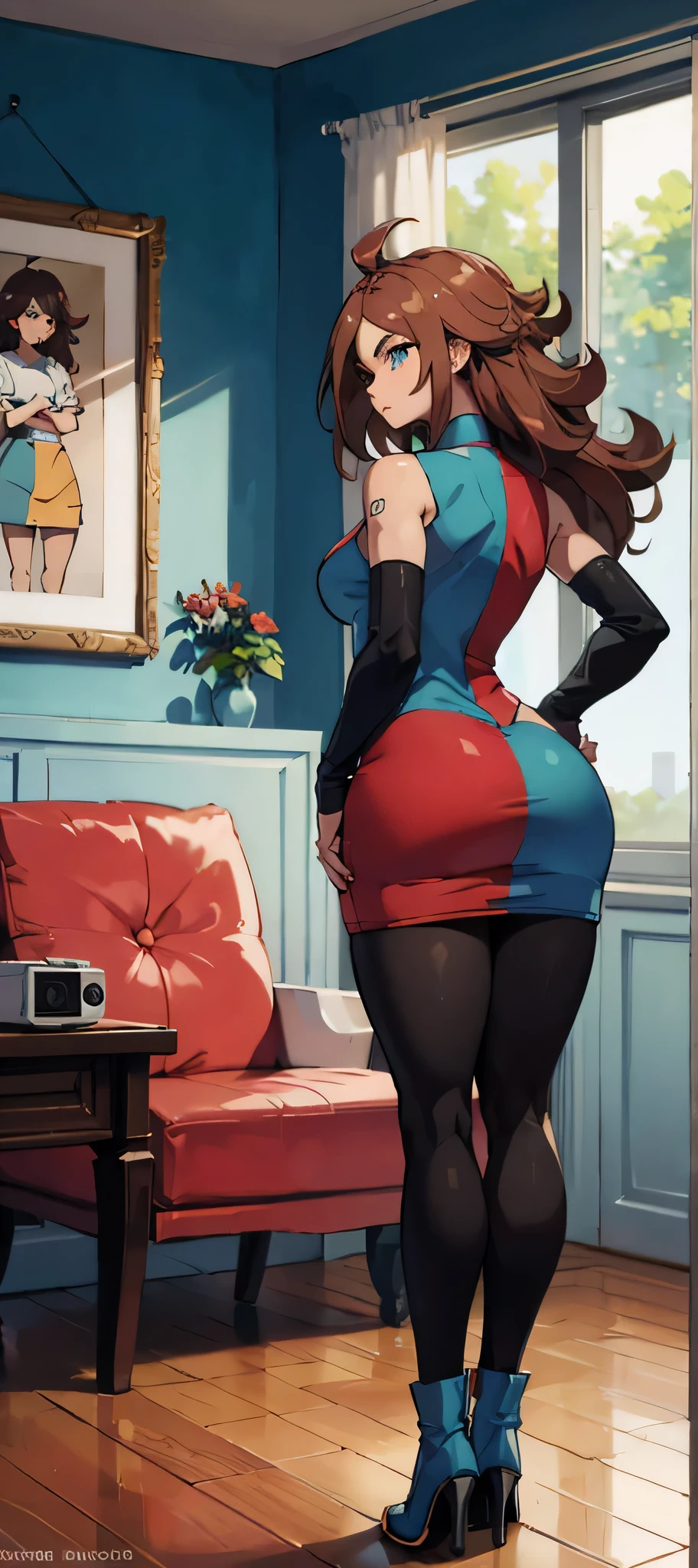 Back to camera, back view, camera from behind , android 21, cups, long brown hair, blue colored eyes, plaid dress, pantyhose, looking to the side, pose lateral, standing, ele está standing, serious, legs spread open, livingroom, light bulb, high qualiy, work of art, legs thick, big-ass, body healed,
