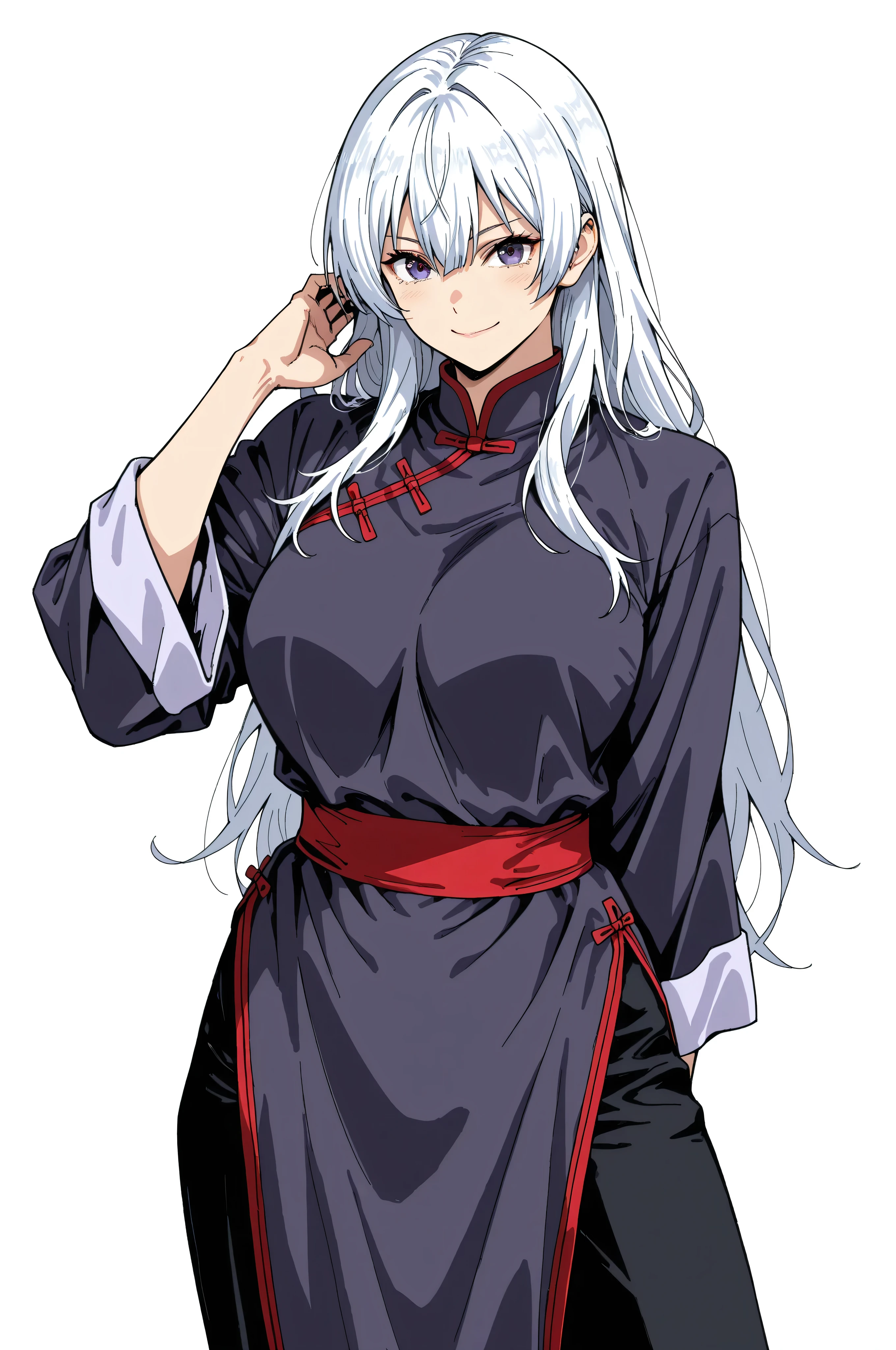 gsfghtr, multicolored robe, chinese clothes,KungFuUniform,score_9, score_8_up, score_7_up, gsfghtr, 1girl, smile serious, long hair, kohei horitoshi, white background, mature female, 1monk girl, anime style, three fourths body, pants, white hair,