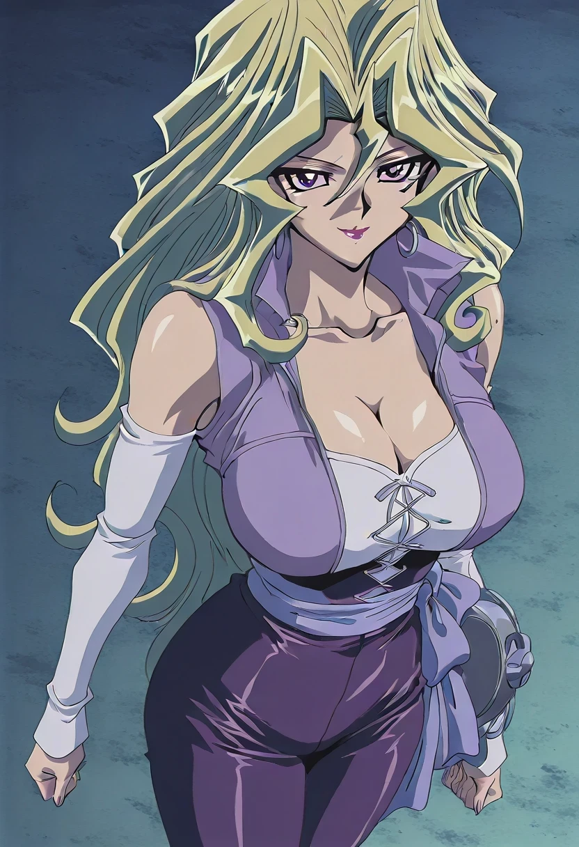 傑作、best quality、best resolution、best image quality、amazing quality、 very aesthetic、 absurdres、anime coloring、anime screencap、anime screenshot、1woman 、 Mai Valentine (character) 、solo 、blonde hair 、long hair 、purple eyes 、hair between eyes 、lipstick 、very large breasts 、cleavage 、large boobs 、large tits 、mature female 、narrow waist 、collarbone 、deltoids 、purple bodysuit 、bare shoulders 、long sleeves、outfit:bodysuit 、cyan sash 、sash 、tight bodysuit 、seamless 、purple high heels 、tall woman 、standing 、cowboy shot 、looking at viewer 、female focus 、dutch angle 、smile、elegant、elegant smile、evil smile、cat's eye style、