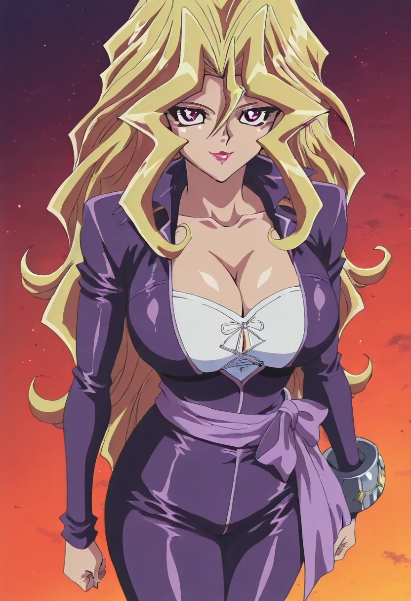 傑作、best quality、best resolution、best image quality、amazing quality、 very aesthetic、 absurdres、anime coloring、anime screencap、anime screenshot、1woman 、 Mai Valentine (character) 、solo 、blonde hair 、long hair 、purple eyes 、hair between eyes 、lipstick 、very large breasts 、cleavage 、large boobs 、large tits 、mature female 、narrow waist 、collarbone 、deltoids 、purple bodysuit 、long sleeves、outfit:bodysuit 、cyan sash 、sash 、tight bodysuit 、seamless 、purple high heels 、tall woman 、standing 、cowboy shot 、looking at viewer 、female focus 、dutch angle 、smile、elegant、elegant smile、evil smile、cat's eye style、