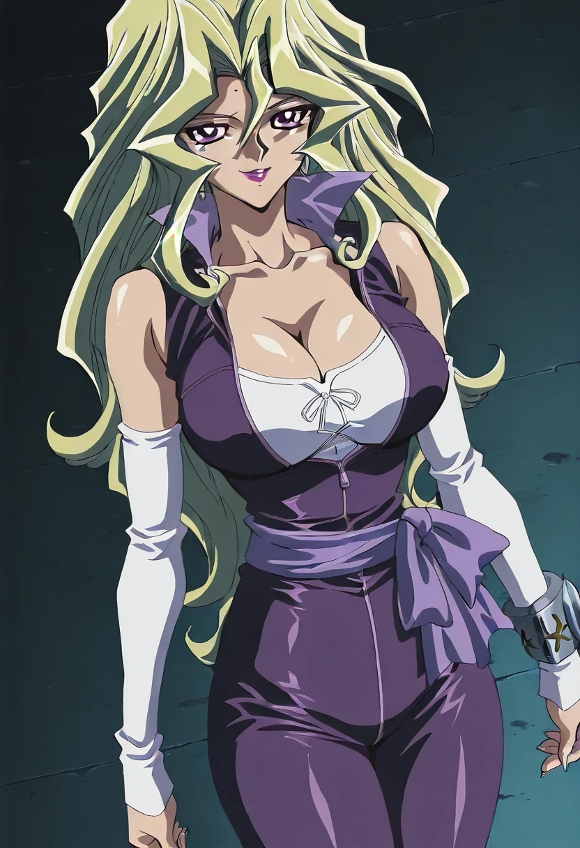 傑作、best quality、best resolution、best image quality、amazing quality、 very aesthetic、 absurdres、anime coloring、anime screencap、anime screenshot、1woman 、 Mai Valentine (character) 、solo 、blonde hair 、long hair 、purple eyes 、hair between eyes 、lipstick 、very large breasts 、cleavage 、large boobs 、large tits 、mature female 、narrow waist 、collarbone 、deltoids 、purple bodysuit 、bare shoulders 、outfit:bodysuit 、cyan sash 、sash 、tight bodysuit 、seamless 、purple high heels 、tall woman 、standing 、cowboy shot 、looking at viewer 、female focus 、dutch angle 、smile、elegant、elegant smile、evil smile、 cat's eye style、