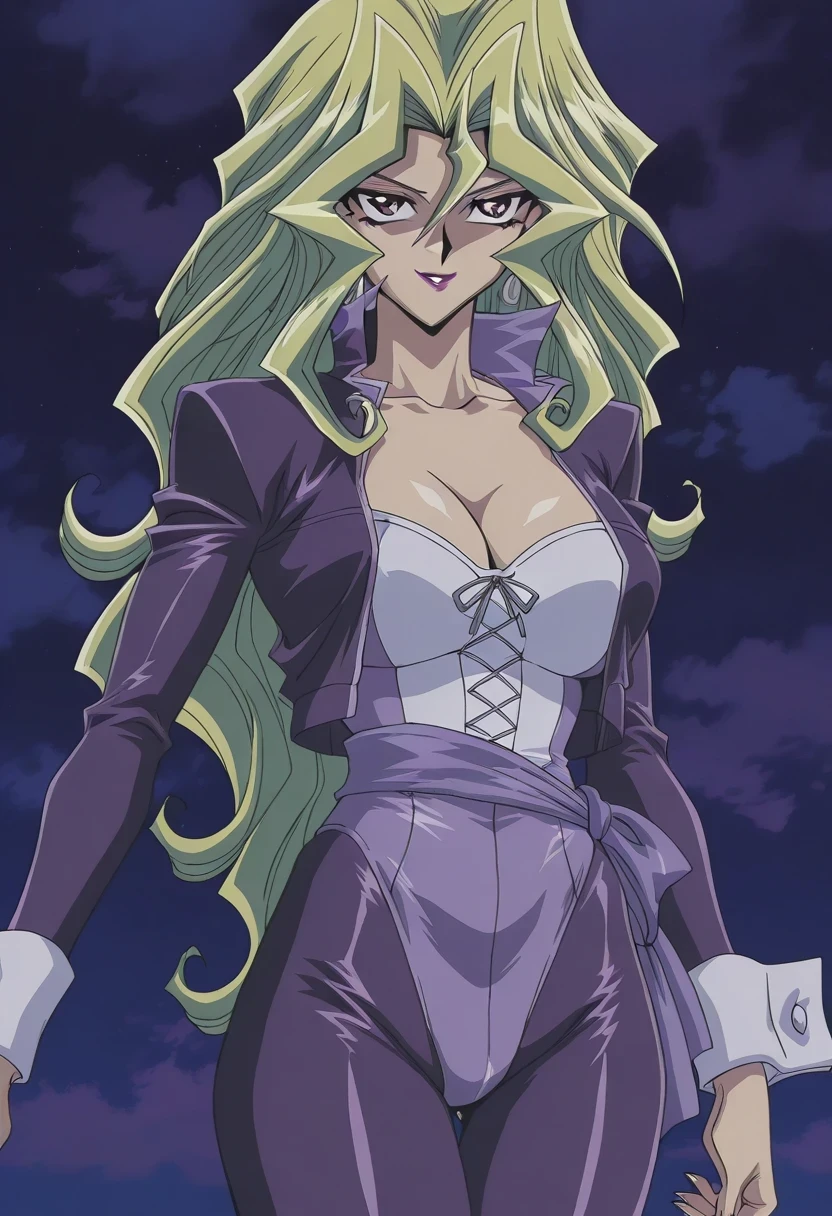 傑作、best quality、best resolution、best image quality、amazing quality、 very aesthetic、 absurdres、anime coloring、anime screencap、anime screenshot、1woman 、 Mai Valentine (character) 、solo 、blonde hair 、long hair 、purple eyes 、hair between eyes 、lipstick 、very large breasts 、cleavage 、large boobs 、large tits 、mature female 、narrow waist 、collarbone 、deltoids 、purple leotard 、long sleeves 、outfit:leotard 、high leg cut leotard、purple pantyhose 、catsuit 、Catsuit style processing 、cyan sash 、sash 、tight leotard 、tight pantyhose 、seamless 、purple high heels 、tall woman 、standing 、cowboy shot 、looking at viewer 、female focus 、dutch angle 、smile、elegant、elegant smile、evil smile、cat's eye style、