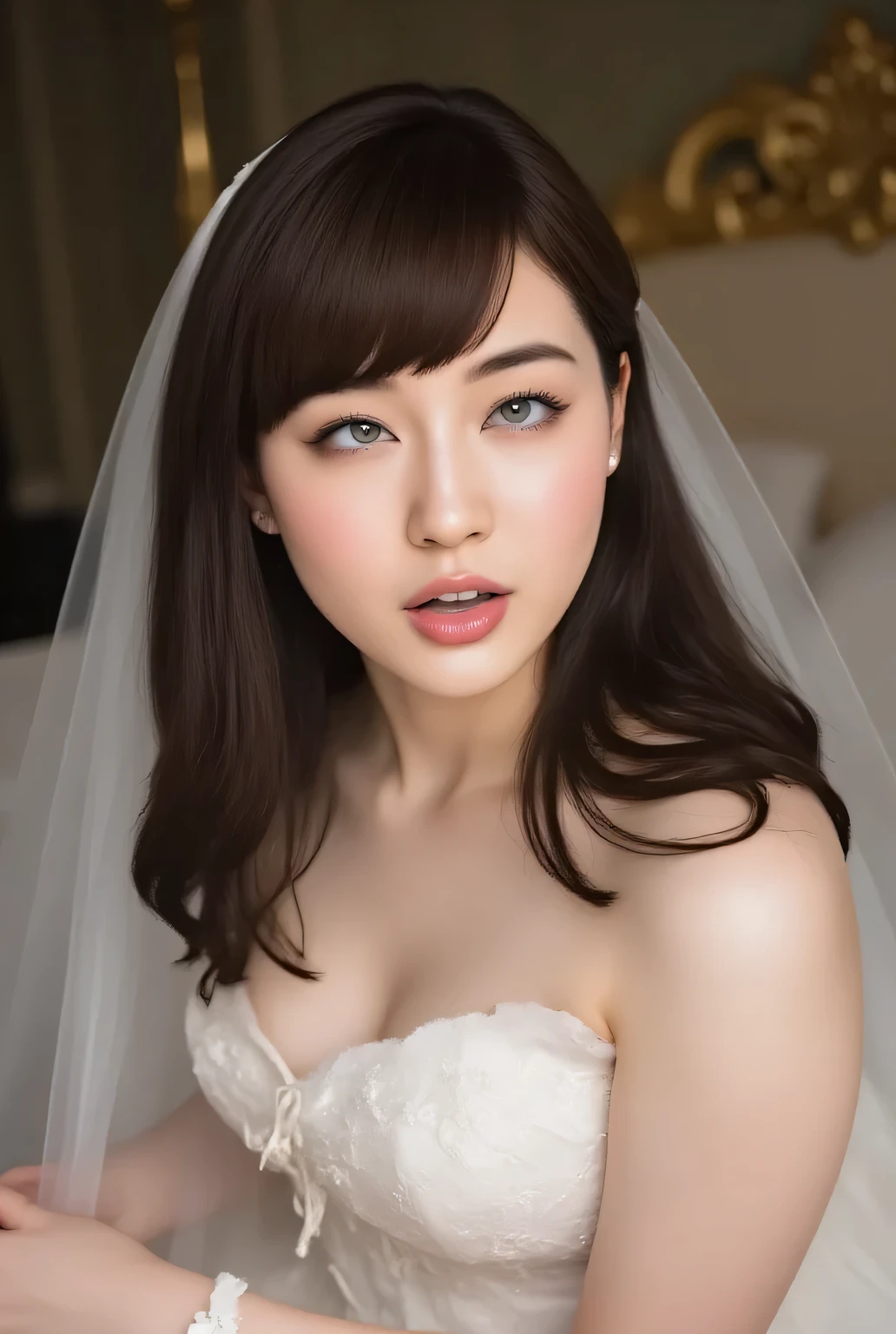 (8k, Original Pictures, Highest Quality, masterpiece:1.2,),((((((truthistic, photo truthistic:1.3)))))),((( detailed background:1.2))),((open your mouth a little:1.3)), Ultra High Definition, (8k, Original Pictures, Highest Quality, masterpiece),(truthistic, photo truthistic), Ultra High Definition, Highly Detailed CG Integration 8K Wallpaper ,(truth_skin, oily skin), Perfect Anatomy, beautiful dark hair,(short, sparkling hair),at night,(thighs), full body shot without underwear, do not interfere unless the choker 、fine eyebrows, beautiful faces,透き通ったskin, erotic from below,(big boobs:1.5), small nose, Glossy lips,Sex slave,( Night Love Hotel:1.8、Love Bed、ベッドの上で gets on all fours:1.9、 window:1.5) 、( exposes chest :1.4),((sexy white lace mini prom dress:1.5、white wedding veil:1.5、Sexy White Garter Belt :1.5))、(( gets on all fours、Put in、Deep joy、The eye at its peak:1.2),( front angle :1.7), despair, ((Extremely Breathtaking:1.2))、 ecstatic face、 Climax Expression 、 looking up from below 、 Look at the ceiling、 Full Body Cramp , big cleavage、( standing on all fours ,hopeful , Sexy Femininity)、( gets her face wet:1.5、strabismus woman:1.5、 I'm sticking my tongue out inside the pool facility:1.5、Cum In Mouth:1.5、Yan Zhi:1.5、 drinking semen:1.3)、( full body shot without underwear:1.3)