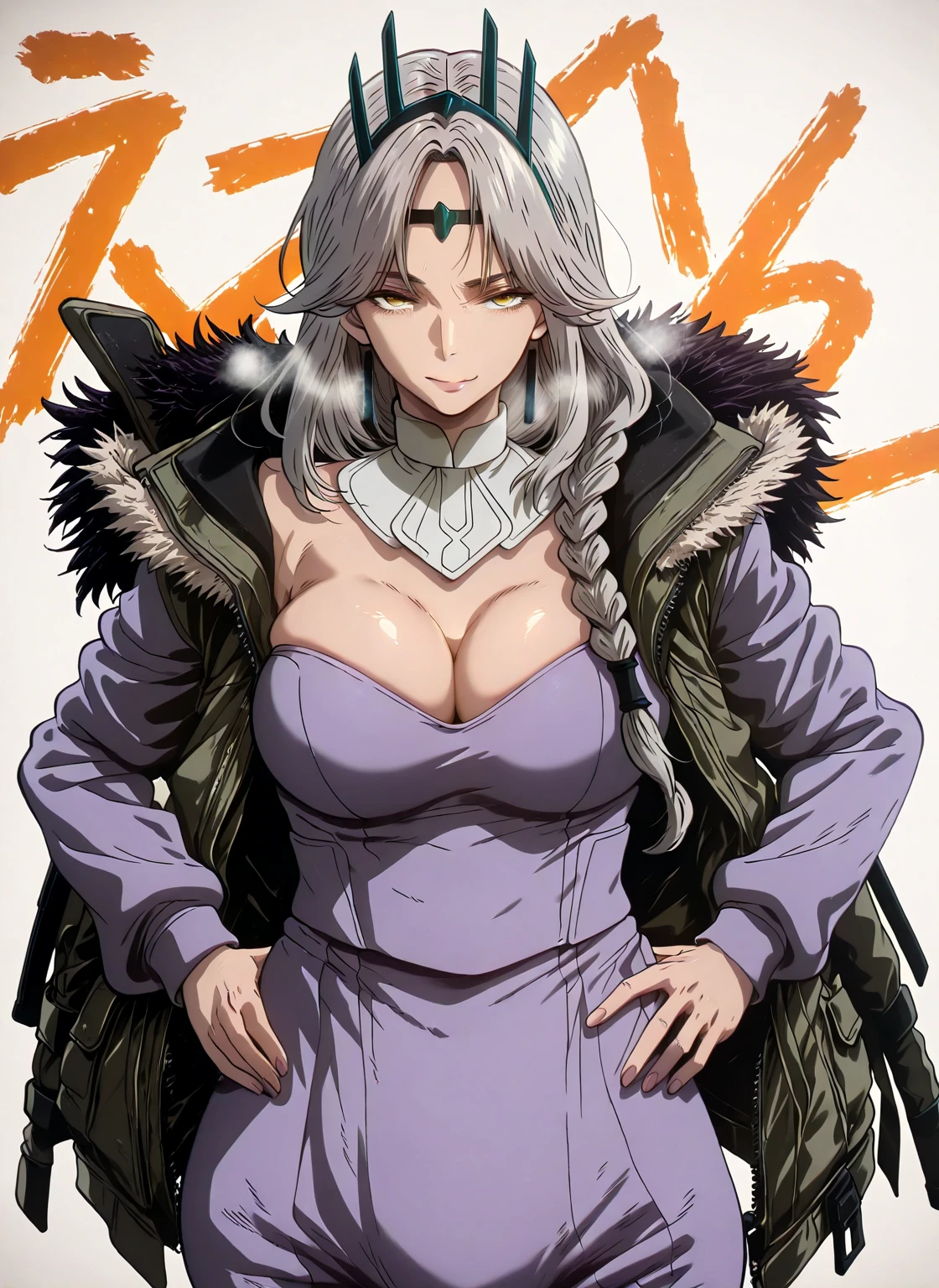 L_Cation2, Babu-style, Hgk, (butcha-u-style:1.3), (gin_moku-style:1.2), (iwao178-style:1.4), (imizu_(nitro_unknown)-style:1.3), (anime coloring, anime screencap), shiny skin, (voluptuous body:1.4), (mature female:1.4), (cellulite:1.3), ((vignetting)), ((anatomical correct)), ((Cinematic, high quality, newest, UHD, masterpiece)),, perfect body, perfect eyes, perfect fingers, gasping, heavy breathing, gasping profusely, (()), ((curvy)),,long hair,grey hair,braid,yellow eyes, plump, 1girl, , dress, rating:safe, purple_dress, tiara, hands_on_hips, solo, cleavage, jewelry, fur_trim, long_sleeves, detached_collar,  smile,  