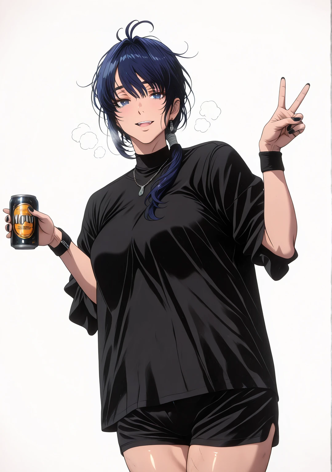 L_Cation2, Babu-style, Hgk, (yoshio_(55level)-style:1.4), (mostlybluewyatt-style:1.3), (shiroshisu-style:1.2), (imizu_(nitro_unknown)-style:1.3), (anime coloring, anime screencap), shiny skin, (voluptuous body:1.4), (mature female:1.4), (cellulite:1.3), ((vignetting)), ((anatomical correct)), ((Cinematic, high quality, newest, UHD, masterpiece)), perfect body, perfect eyes, perfect fingers, gasping, heavy breathing, gasping profusely, ((overhang)), ((curvy)), hair over shoulder, low ponytail, blue hair, blue eyes, bright pupils, plump solo, can, black_nails, jewelry, shirt, black_shirt, white_background, holding, necklace, 1girl, earrings, shorts, v, smile, looking_at_viewer, holding_can, simple_background, nail_polish, wristband, open_mouth, black_shorts, antenna hairs, messy hair, 