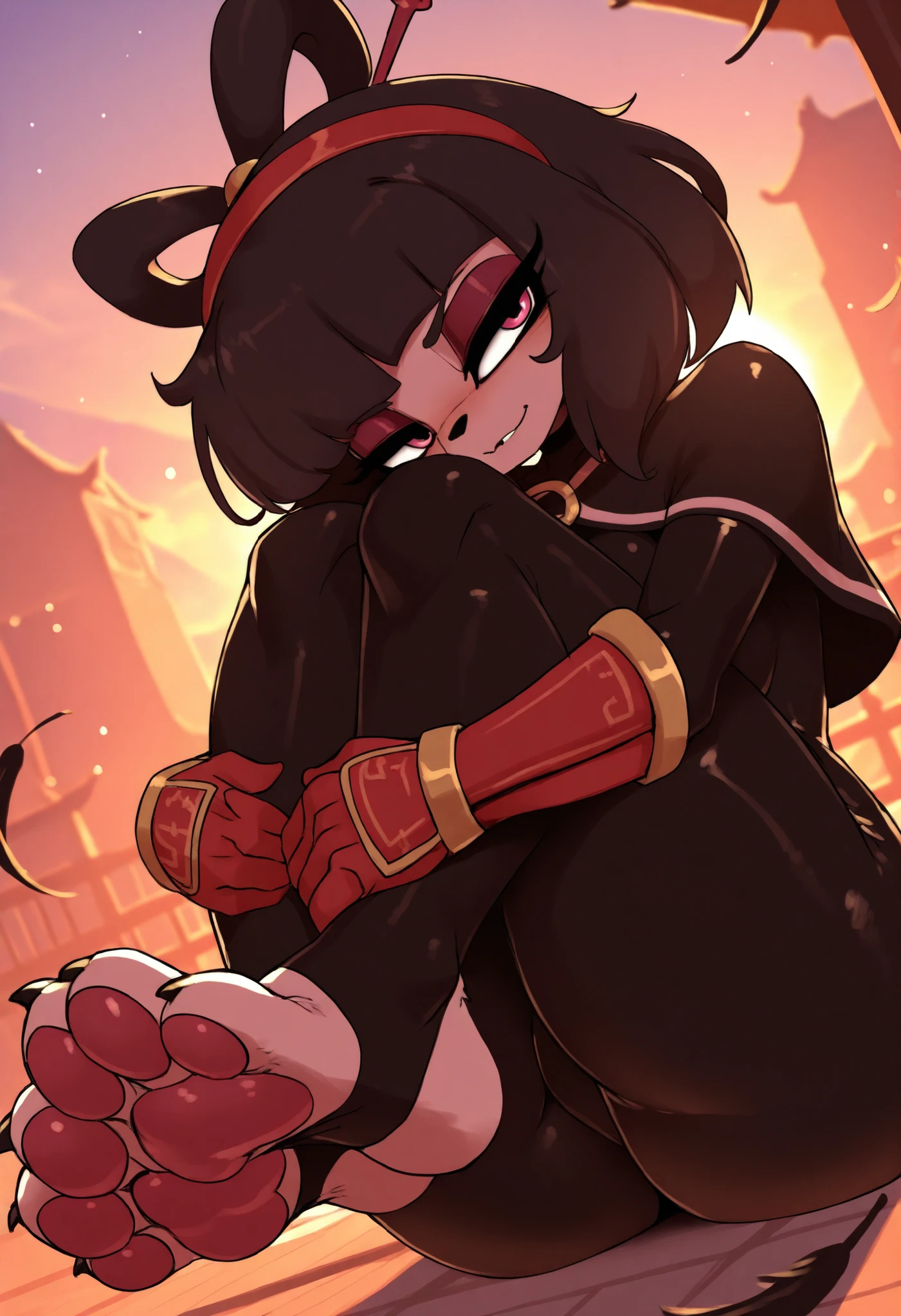 ashraely, outdoors, undershirt, falling feathers, black , hair stick, hugging own legs, , gauntlets, eyeshadow, red gloves, black capelet, red hairband, pink eyes, 1girl, solo, feet, medium hair, black hair dynamic angle, foreshortening, furry, furry female, anthro, paws, claws, pawpads,