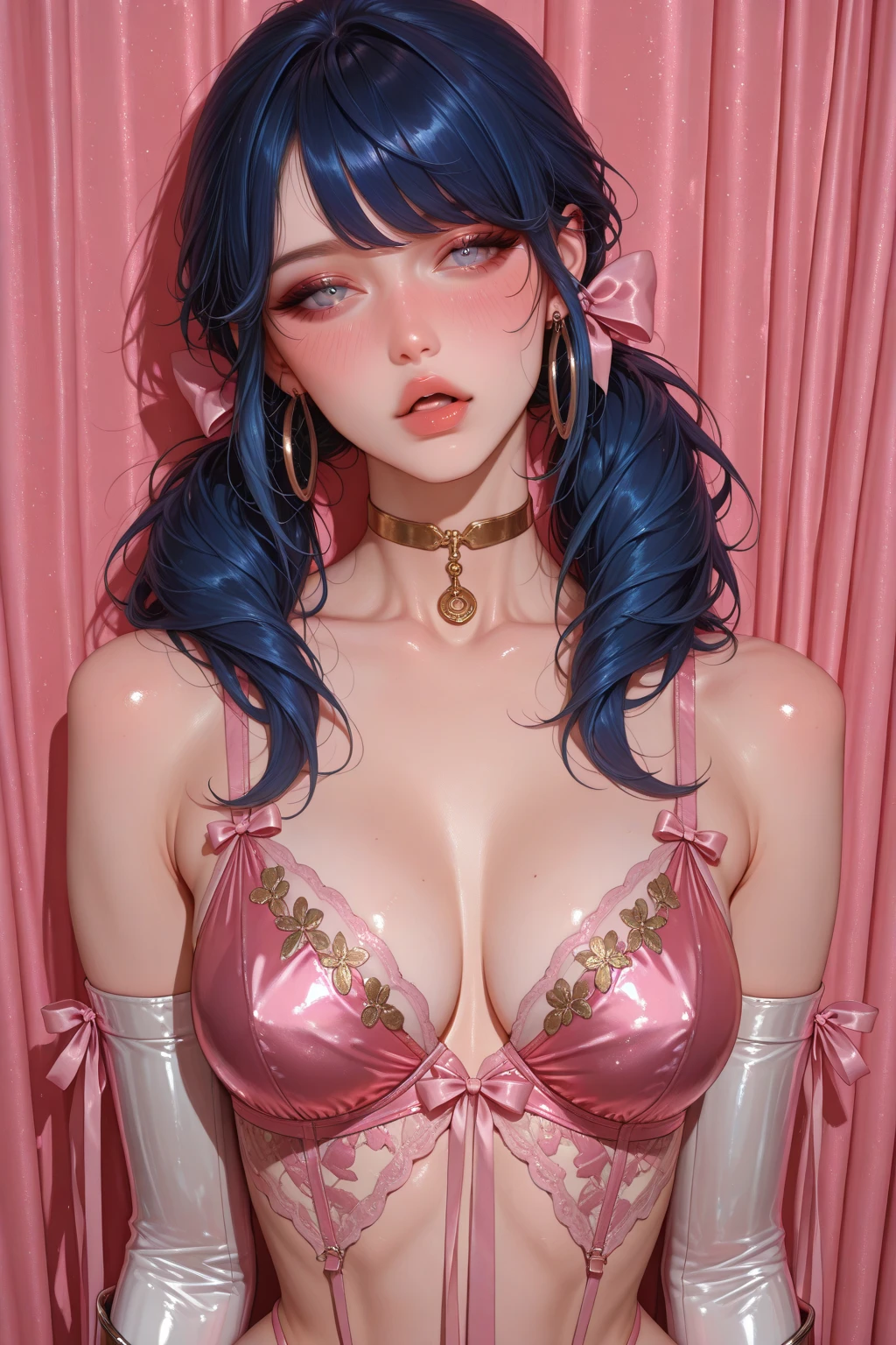 A realistic rendering of an Anne Anderson style illustration of a very close shot, ultra close shot on the ???????  of a pert, nubile, thin, freckled  teen   girl with 50s style,  blue hair, bows in hair, slight smile, slightly smiling, ???????, best quality, tiny ???????, ???? ???????, small ???????, ???? ??????, exposed ??????, ?????????, legs spread open,  pink ??????? , puffy ????????????????? ??????? , wearing a clear, pink, plastic body armor, clear pink plastic armor, clear, pink, plastic body harness, clear, pink, plastic body cage,  pink bondage straps, black, spiked  choker necklace, black leather jacket,  a silver chain wrapped around body, open, white blouse, white lace collar, pastel lace, pastel lace straps under ???????, pastel lace straps under ???????,  open light blue, fuzzy sweater, ??????????,        
  uniform, partially clothed, sitting  in a bondage harness swing, in a darkened, pink, neon lit, 1950s teen girl's bedroom, glowing pink, neon lights, full of bondage straps,, ultra close shot on ???????, very, very close shot on ??????? 