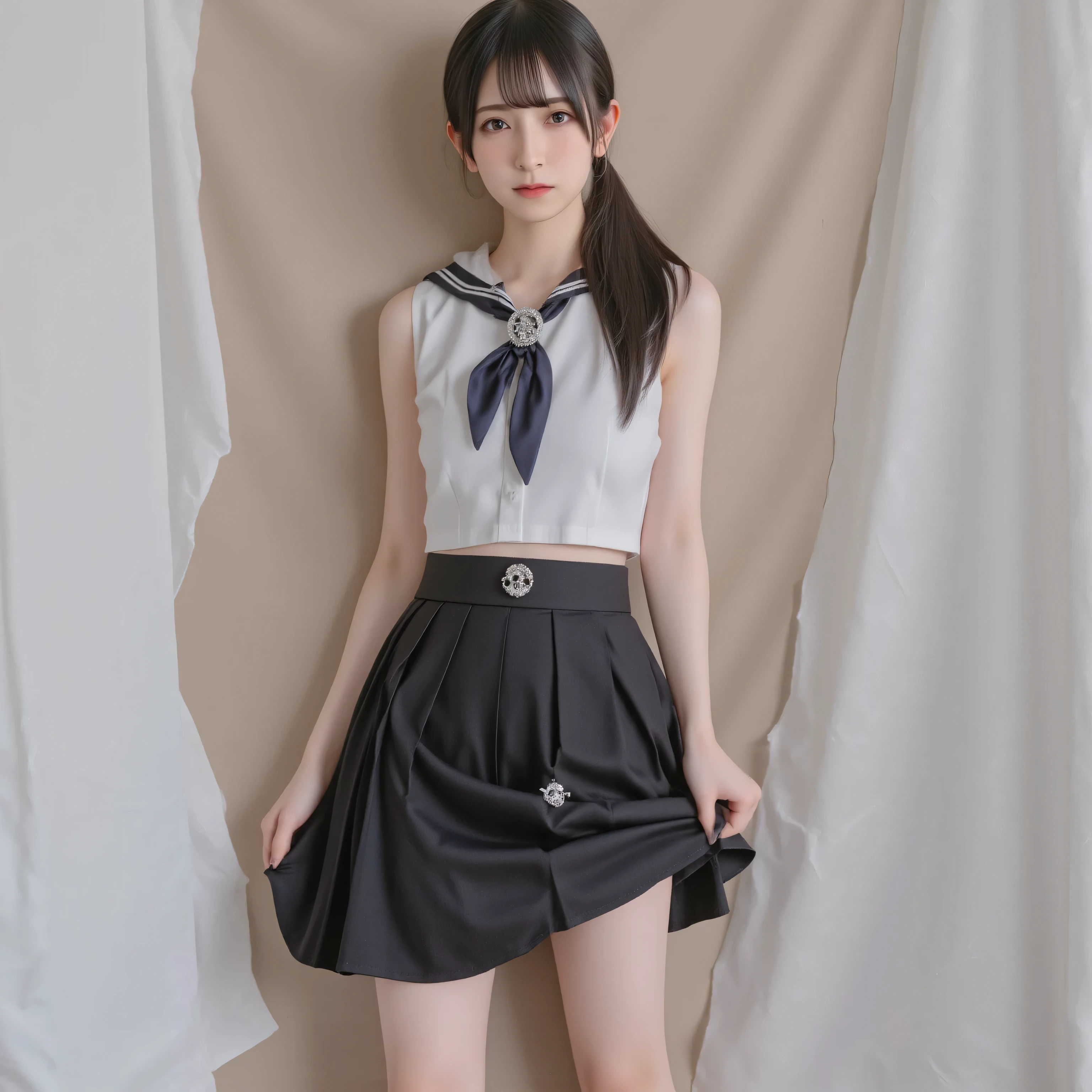 arafed asian woman in a black skirt and a white shirt posing for a picture, japanese school uniform, japanese girl school uniform, wearing japanese school uniform, cute schoolgirl, jk uniform, beautiful anime high school girl, loafers, Open belly, See the belly, low waist mini skirt, Skirt open,Skirt in half,Open Skirt,Not wearing underwear,No Panties,without underwear, (((wear black thigh high socks))), black bowtie,((large sparkling skull jewelry)), skull brooch, long black hair straight, video, long foot, slender, young gravure idol, realistic young gravure idol, young pretty gravure idol, young skinny gravure idol, japanese model, 1 person, Full body standing pose, after vaginal, amateur, flash photo, sleeveless, seductive pose, seductive smile, cowgirl position, open legs, crawling position on hands and knees, kneeling pose, Blowjob, Cowgirl, ((sleeveless)), ニーソックス, ((over-knee socks)), オーバーニーソックス, black nails, black ribbon in her hair, Her uniform is decorated with sparkling skull-shaped decorations, wheat-colored skin, dark skin, stomach cutout, Skirtlift, 寝室, bed room, stunning breast, Deep focus,