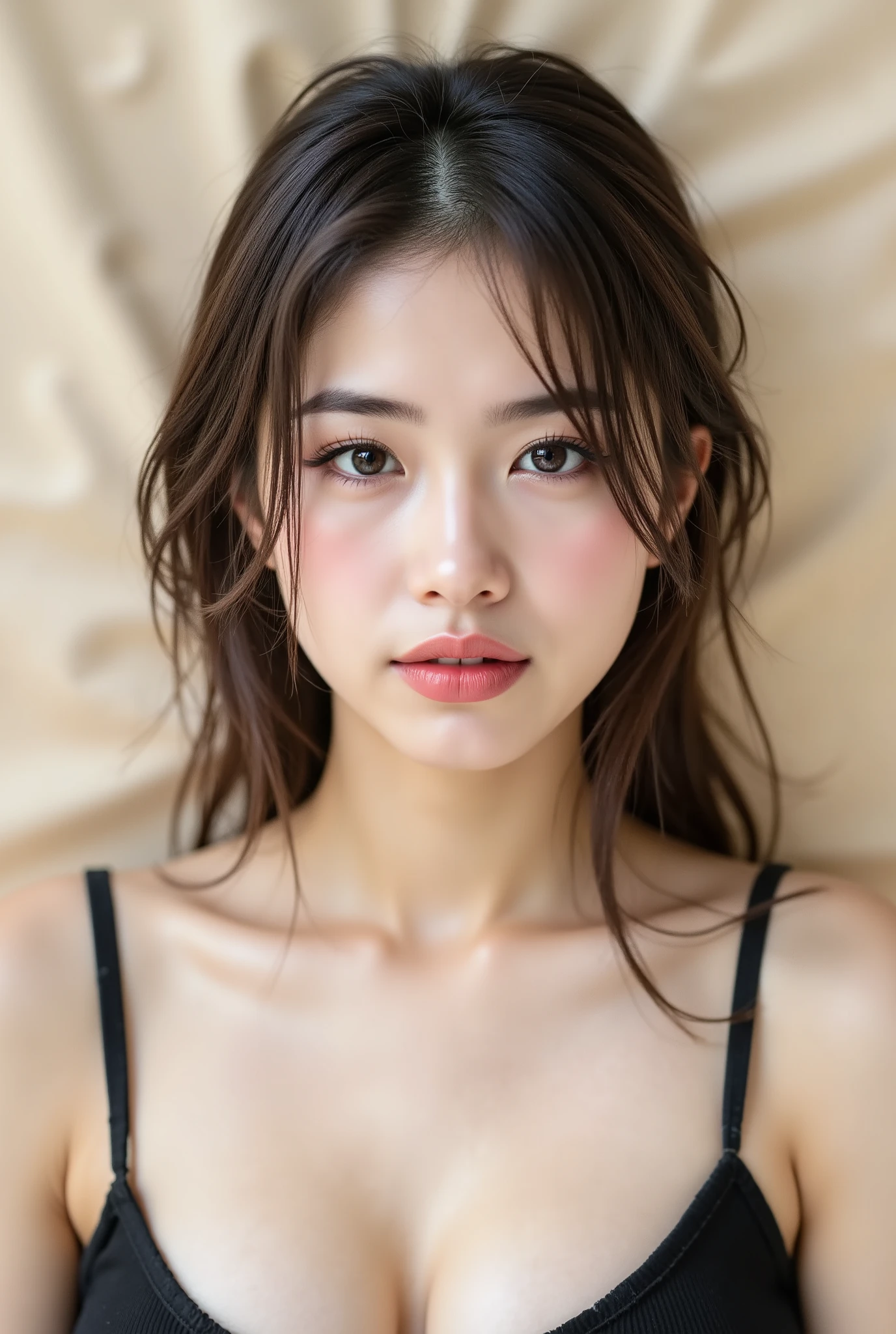 Ultra-realistic portrait photography, front-facing close-up shot from collarbones up. Camera positioned at eye level, focal length 85mm, aperture f/2.2, ISO 100, shutter 1/125. Subject centered, shoulders slightly angled (≈15–20°), head facing directly toward the camera, neutral relaxed facial expression, minimal motion. Lighting setup: large diffused softbox key light at 45° to camera-left and slightly above eye level, white reflector fill on camera-right, no rim or backlight, background softly blurred in warm neutral tone (beige or light grey). Balanced exposure, soft shadows, smooth falloff, natural contrast, color temperature ~5200K daylight. Focus locked precisely on the eyes, shallow depth of field, fine skin texture visible, no over-retouching. Studio-like ambience with quiet natural light feeling.