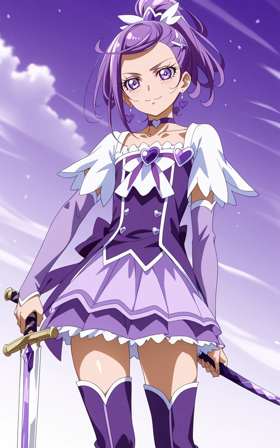 score 9 、score 8 up、score 7 up、source anime、傑作、Best quality、Best resolution、best image quality、anime coloring、anime screencap、anime screenshot、official art、1boy、cure sword is a boy warrior、(manly face:1.6)、solo、boy is wearing a purple dress、short purple hair boy、sparking purple eyes、high short ponytail hair、spade shape hair ornament、solo、amethyst prince、anime prince、 purple skirt、mini skirt、high cut skirt、collarbone、trapezius、white shoulder pads、purple neckwear、heart brooch、purple choker、purple Arm warmers、purple detached sleeves、purple waist bow、covered pectoralis major、flat chest、bare thighs、thigh muscles、semitendinosus muscles、covered hamstrings、covered adductor magnus muscles、purple thigh high boots、official character art、style of magical boy、masculinization、magical boy、 official fan art、 !!Full body portrait!!、 magical boy style、 王子としての王様讃美歌、 MLP fan art、((cure sword  outfit))、official anime style、official anime artwork、detailed fan art、 magical aura、the purple thunder aura、Best resolution、 commission for Best resolution background!、wearing a purple dress、boy wearing purple boots、anime boy is wearing a nice dress、(manly:1.6)、official art style、anime boy、male focus、looking at viewer、solo focus、cowboy shot、(male body:1.6)、 purple background、female purple panty、bare crotch、basic design female panty、female purple panty underneath white and purple mini skirt、detailed outfit、bulge medium underneath female panty、I can see female purple panty、showing female purple panty、skirt lift、