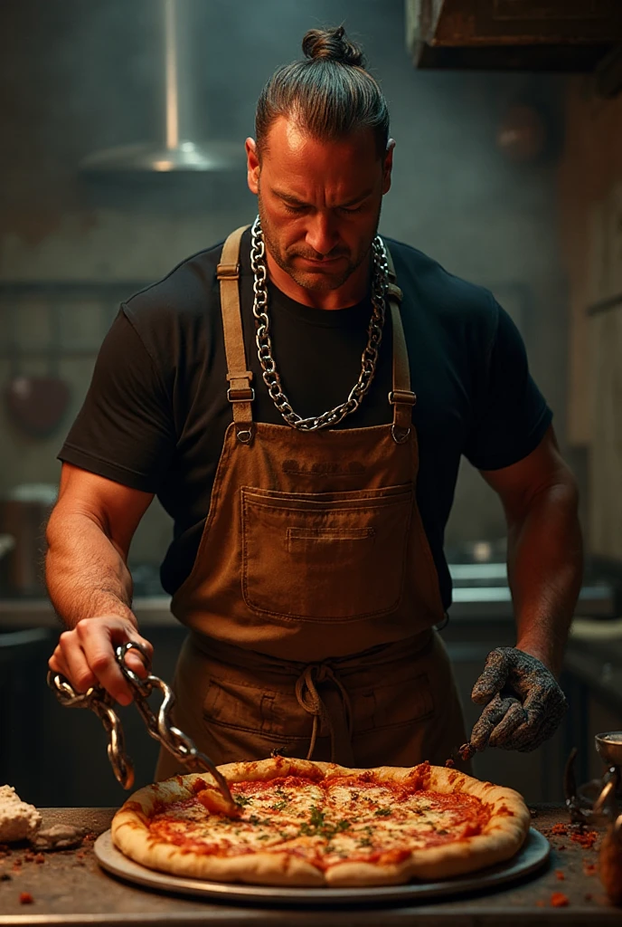 a fat and strong man, daddy style, vestindo um avental branco e segurando um espeto de BBQ,  man, body covered in lots of hair,  ,  , Generic summer garden, green grass and white fences, BBQ, hairy 
