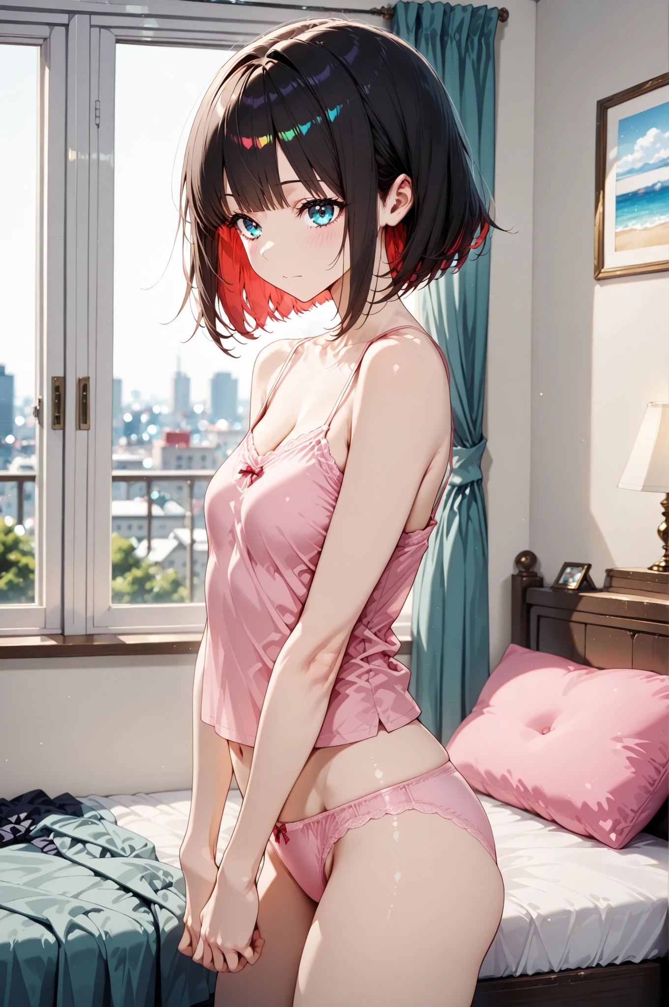 1 Girl, young woman with her hands crotched, bedroom, cushions, solo, ((year zero)), From the side, 4 fingers:1.2, camisole, Pink Panties, Pay attention to light and shadow in every detail, blurred background, (Highest Quality:1.2, 4K, 8k, Very Detailed, attention to detail, masterpiece:1.2, Ultimate aesthetics),