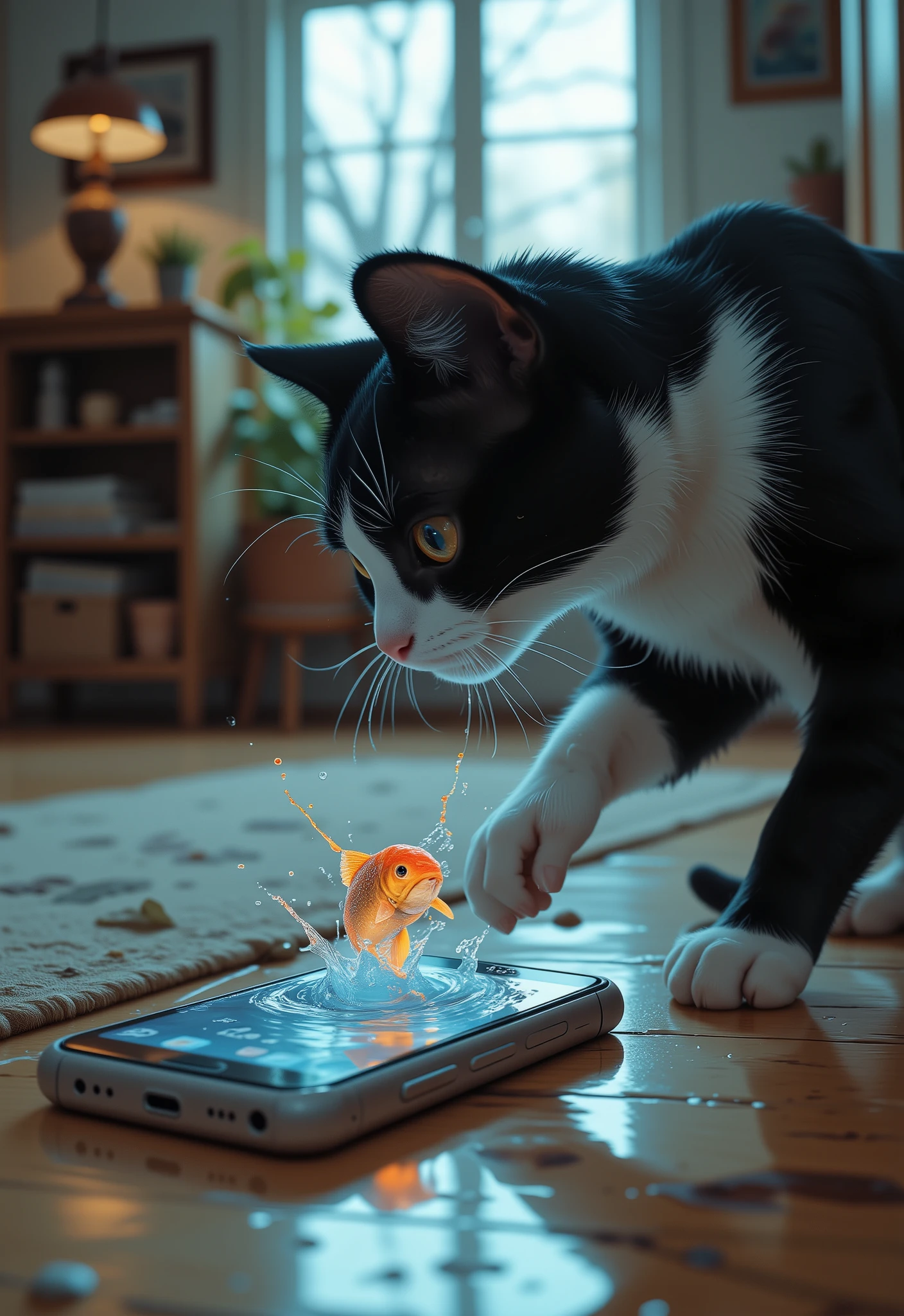 A smartphone is on the floor. A black-and-white cat is peering into the screen. On the screen of the smartphone is a video of a fish swimming in a river. (The fish jumps out of the screen with many splashes), (The cat sees this and extends one paw to the fish), outstretched arm, (The cat touches the fish), masterpiece, accurate, top quality, high resolution model, high detail, beautiful detail, high resolution, 32K, realistic Rendering, Ultra Realistic Detail, (Anatomically correct), Stylistically diverse, digital illustration, dynamic shot, high quality, gives depth and openness to scene, depth of field, background blur, energetic composition, cinematic light hkstyle, hkstyle, auralora, close up shot : 1.4, splash of water, The background is the house,