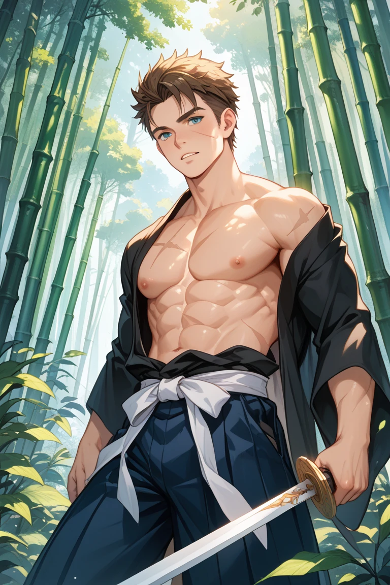 score_9, score_8_up, score_7_up, score_6_up, source_game \(Dungeon Fighter Online\), perfect , perfect proportions, best quality, masterpiece, high-resolution, high quality, aesthetic, absurdres, (male focus), solo male, BERGrappler, male Grappler \(Dungeon Fighter Online\), black hair, short hair, brown eyes, thick eyebrows, forked eyebrows, stubble, scars on face, scar on nose, scar on cheek, scar on , pectoral cleavage, black dougi \(martial arts clothes\), black clothing, black pants, torn clothes, pecs, abs,  abdomen, red martial arts belt, yellow/black fingerless gloves, two-tone fingerless gloves, barefoot, white wrist bandage, white foot bandage, adult, mature, masculine, manly, handsome, charming, alluring, upper body, dutch angle, cowboy shot, toned male, serious, lying on ground, on back, , hand behind head, outdoor, photo background, intense blush, blushing line<lora:EMS-442684-EMS:0.800000>