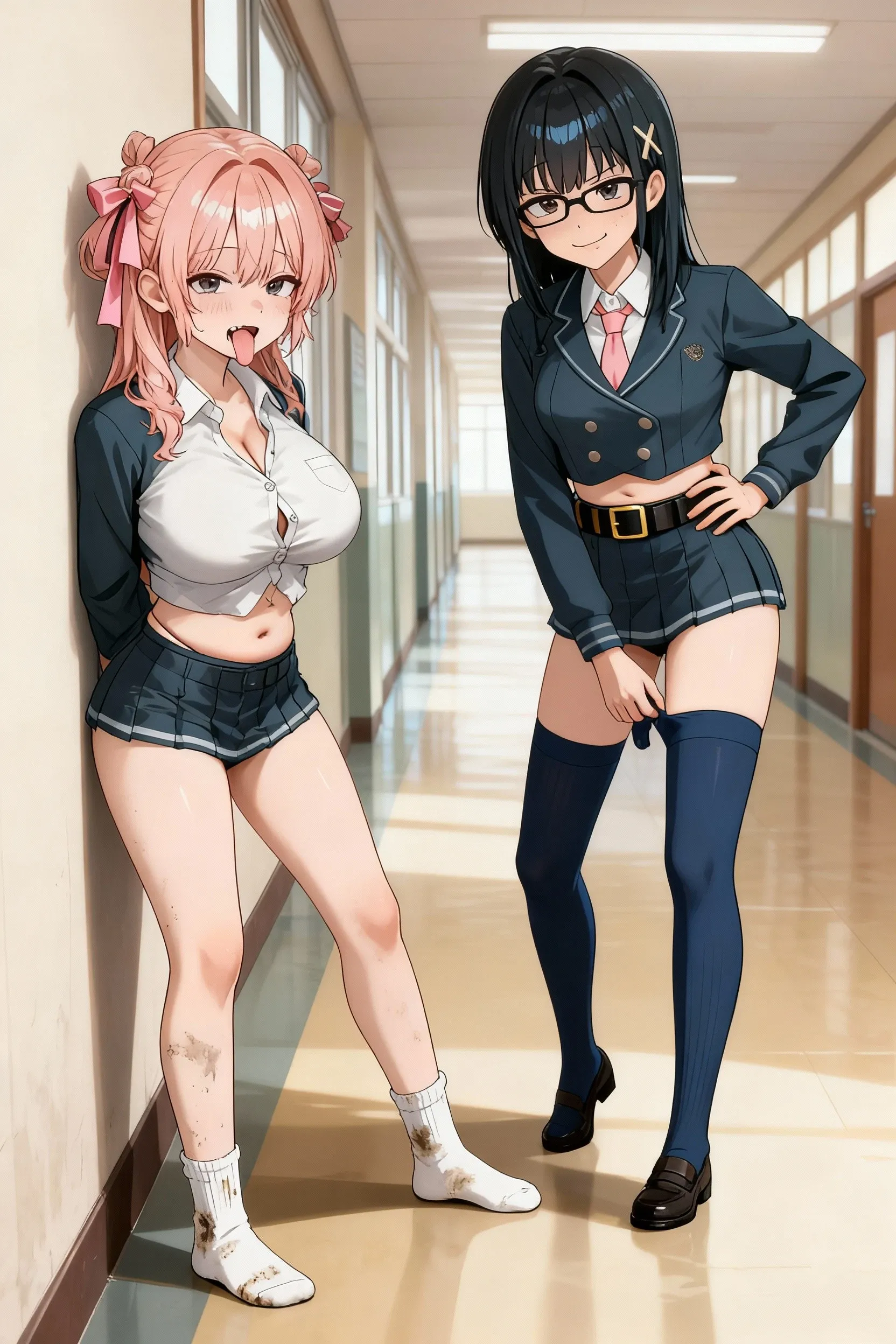 highest quality、masterpiece、2 girls、((Ahoge))、(blush:1.5)、(smile:1.5)、((fun!!))、cute、()、、high school girl、((classroom:1.5))、()、、Kamimei、look at me、(No panties:1.3)、((:1.5)), ((red bow tie, , black jacket, open jacket, white cardigan, white shirt, black skirt, plaid skirt、black socks))、 (No panties:1.3)、((:1.5))、(highly detailed closed :1.5)、(( is coming out:1.8))、peeing、