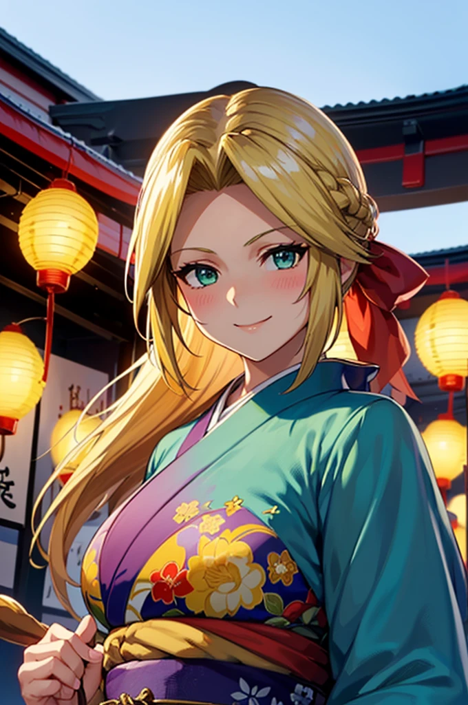 ((One personの女性)), Beautiful Face, ((eye focus)),Laughing embarrassedly,((Wink:1.9)),Laugh with your mouth wide open((Bright red cheeks:1.4)),Glossy pink lips,night,rooftop,Festive decorations,You can see the ocean, firework,Laughing with your mouth open,Glossy pink lips, lighting,((Anime style background)),masterpiece, Highest quality, so beautiful,up to date, Complex details, (Pink long nails),(ring),(bracelet),(choker),AI-generated, Complex,High resolution, Highest quality, super high quality,3D Images、3D Images,One person,Long blonde hair,High Ponytail,(turquoise blue eyes),Anime woman posing for a photo, ((Fine grain、Colorful eyes、Shining Eyes:1.4)),(Squint your eyes:1.1),a hyperRealistic , hyperRealistic , Realistic,Anime woman with long white hair, Smooth anime CG art, A woman in a colorful kimono with gold embroidery, (Pink long-sleeved kimono),Red floral pattern,Long flower hair ornament,big floral earrings,Mature Body,(Big Breasts:1.1),expensive,Abdominal muscles,Tight waist,(Face Zoom:2.0),Photographed from the front