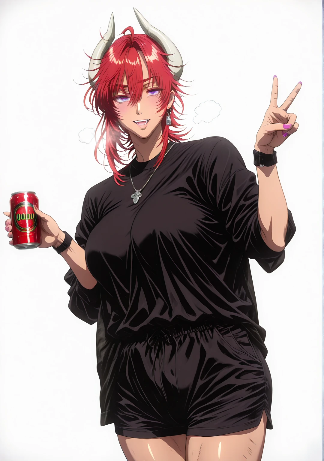 L_Cation2, Babu-style, Hgk, (yoshio_(55level)-style:1.4), (mostlybluewyatt-style:1.3), (shiroshisu-style:1.2), (imizu_(nitro_unknown)-style:1.3), (anime coloring, anime screencap), shiny skin, (voluptuous body:1.4), (mature female:1.4), (cellulite:1.3), ((vignetting)), ((anatomical correct)), ((Cinematic, high quality, newest, UHD, masterpiece)), perfect body, perfect eyes, perfect fingers, gasping, heavy breathing, gasping profusely, ((overhang)), ((curvy)), satan, demon girl, demon horns, covered ears, long hair, red hair, hair between eyes, purple eyes, big breasts, white horns, plump, solo, can, black_nails, jewelry, shirt, black_shirt, white_background, holding, necklace, 1girl, earrings, shorts, v, smile, looking_at_viewer, holding_can, simple_background, nail_polish, wristband, open_mouth, black_shorts, antenna hairs, messy hair,