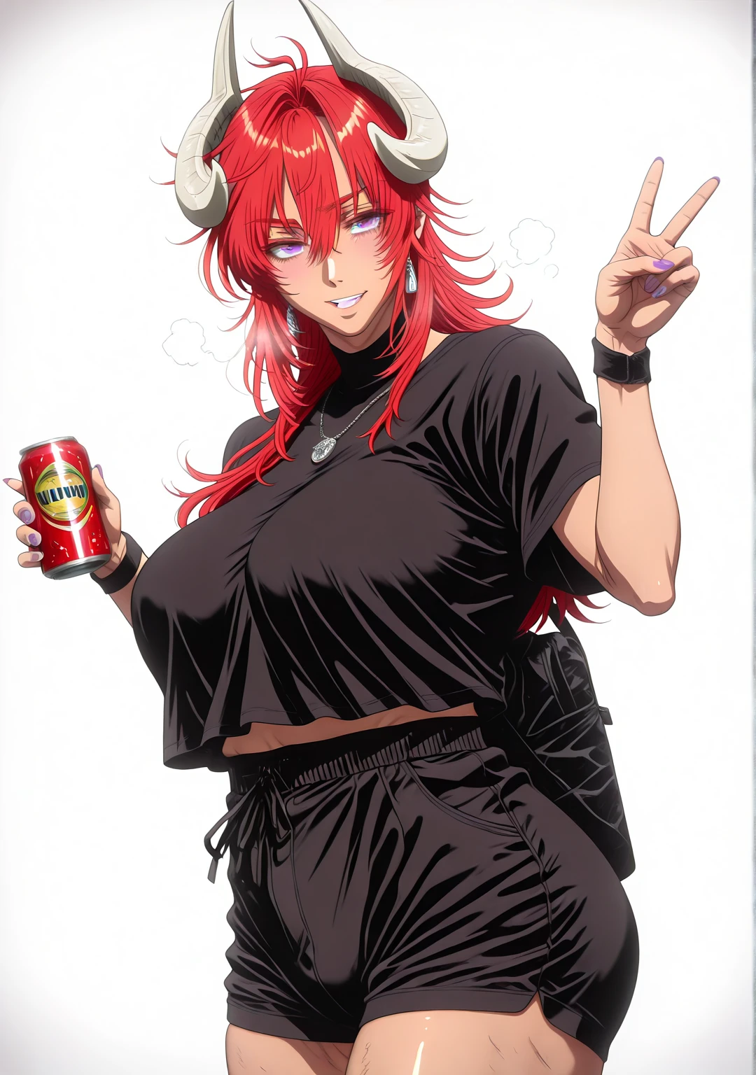 L_Cation2, Babu-style, Hgk, (yoshio_(55level)-style:1.4), (mostlybluewyatt-style:1.3), (shiroshisu-style:1.2), (imizu_(nitro_unknown)-style:1.3), (anime coloring, anime screencap), shiny skin, (voluptuous body:1.4), (mature female:1.4), (cellulite:1.3), ((vignetting)), ((anatomical correct)), ((Cinematic, high quality, newest, UHD, masterpiece)), perfect body, perfect eyes, perfect fingers, gasping, heavy breathing, gasping profusely, ((overhang)), ((curvy)), satan, demon girl, demon horns, covered ears, long hair, red hair, hair between eyes, purple eyes, big breasts, white horns, plump, solo, can, black_nails, jewelry, shirt, black_shirt, white_background, holding, necklace, 1girl, earrings, shorts, v, smile, looking_at_viewer, holding_can, simple_background, nail_polish, wristband, open_mouth, black_shorts, antenna hairs, messy hair,