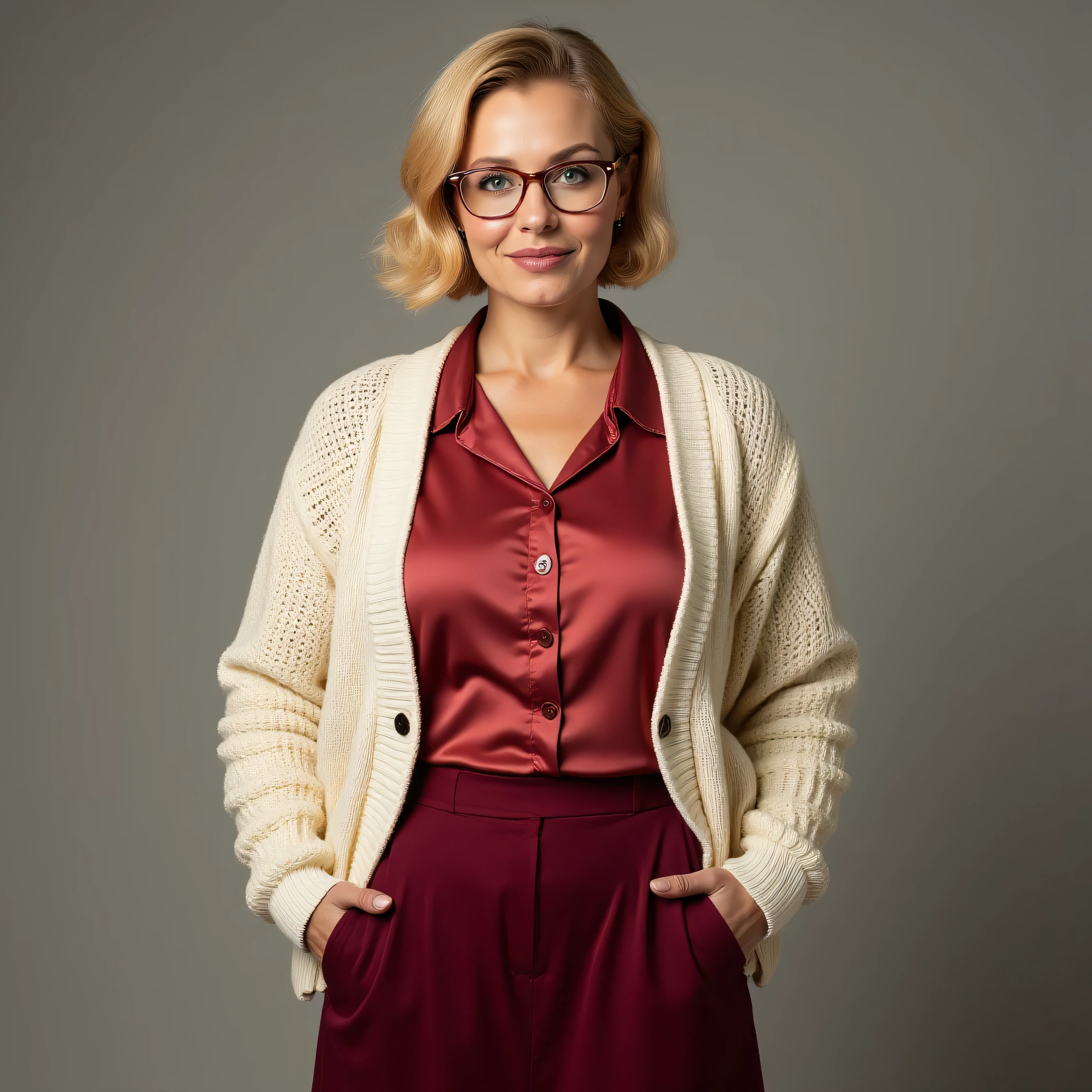 A realistic, high resolution photograph of a beautiful Scandinavian woman in her 40's; full body frontal view facing the camera with her arms at her side, looking at the camera. There is extra space in the photo above her head. She has an curvy, hourglass, fashion model figure with large rounded, uplifted breasts, large hips, and an a slim waist. She has short wavy honey blonde hair with naturally blonde roots in a bob with luscious side sweeping bangs. She has a beautiful heart shaped face with thin lips, a small nose, a short, thick neck and ears that lay close to her skull. Her hair has naturally blonde roots. She has blue eyes, an ivory complexion and wears vintage wire rimmed reading glasses with thin rectangular frames that are wider than they are tall. Her lips are closed and she has a mischievous smirk. She is wearing a rose red satin button down blouse, a cream coloured thick knit Aran stitched cardigan, and a polyester maroon red coloured skirt. The rounds of her breasts are well defined beneath her clothing and you can see a bit of cleavage. There is no one else in the photo. There is extra space above the subject’s head and centered composition — suitable for magazine-style layout or cinematic framing.