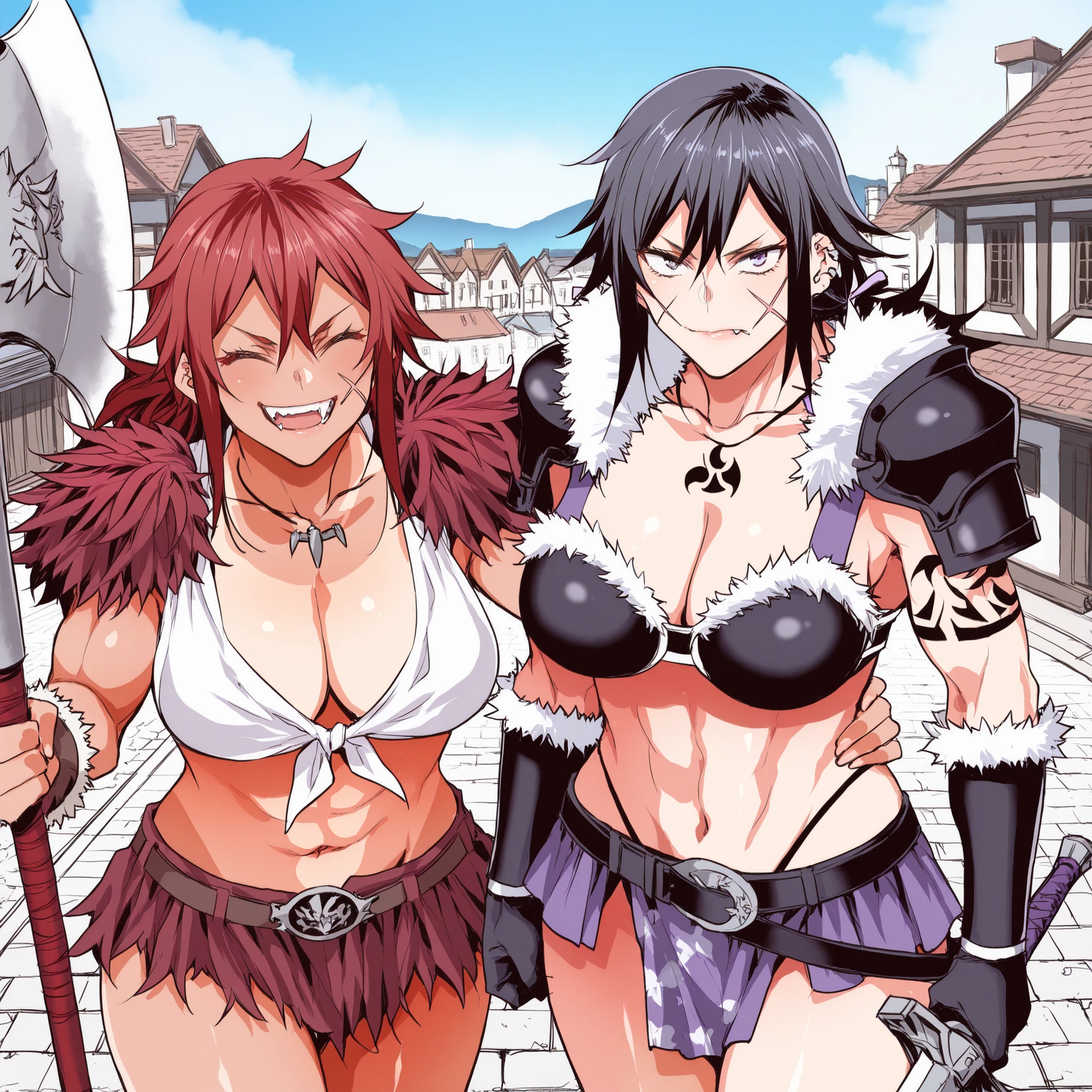 score_9_up , score_8_up , score_7 , Fantasy world, Town Square, Two women stand side by side, teisou_kannen_zero_no_onna_tomodachi_style, viewers,(onna_tomodachi, tanned skin, tan-lines, red hair ponytail hair, messy bangs),(sumire_nakanita, low ponytail, x-scar on her right jaw, dark haired, jagged teeth), barbarian, fur trim, shoulder armor, belt, piercing, tattoo, armor, abs, biceps, cleavage, fearless smile, Carrying a battle axe, is carrying a sword, I'm putting my hand on my lower back, The belt with the sword inserted, fangs necklace
