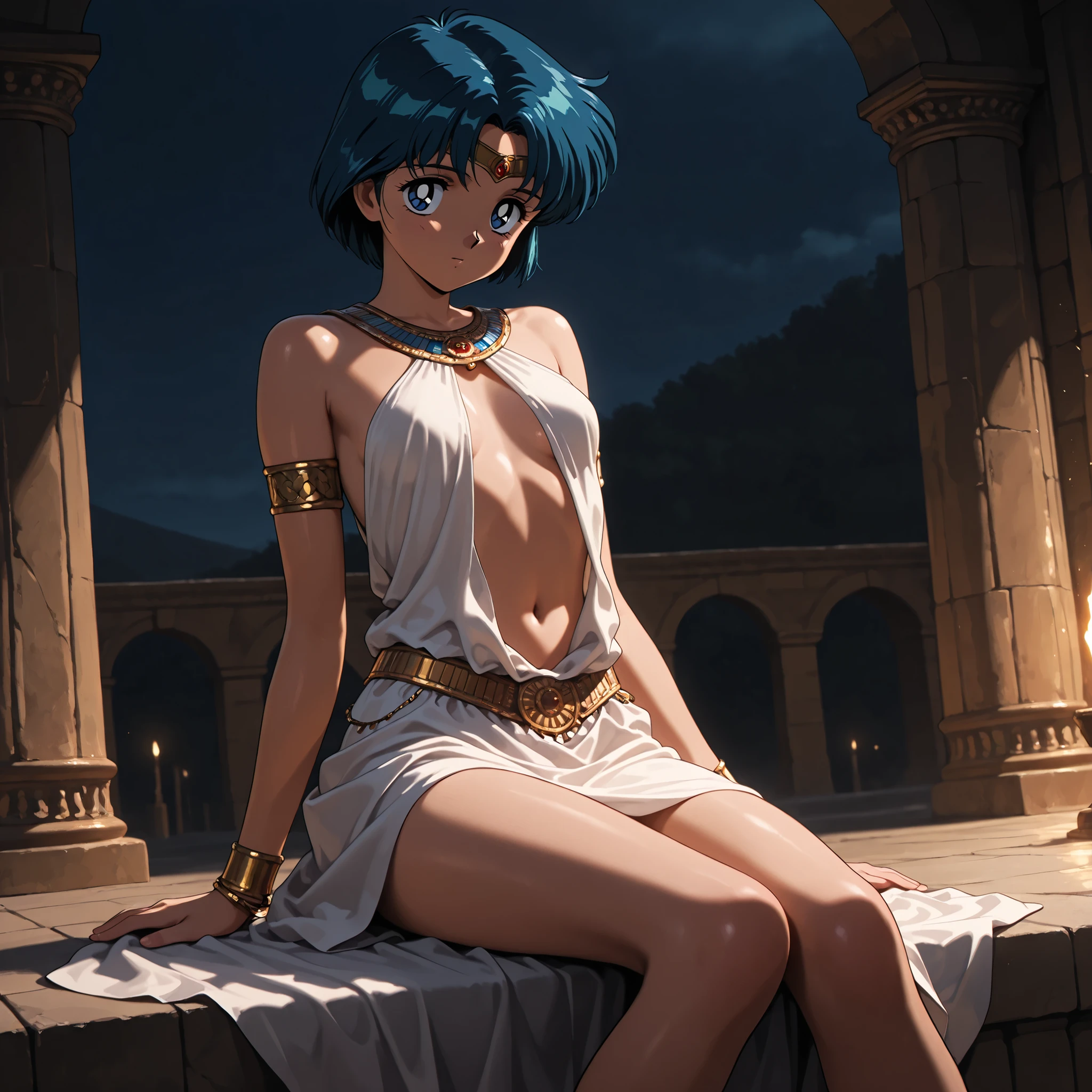 masterpiece, amazing quality, best quality, ultra-detailed, 8K, illustration, ultra-detailed-eyes, soft skin, very awa, very as2, soft body, 1990s \(style\), official art, ami mizuno, blue eyes, blue hair, short hair, parted bangs, small breasts, night, solo, looking at viewer, navel, jewelry, sitting, white casual dress, bracelet, armlet, ancient rome,
