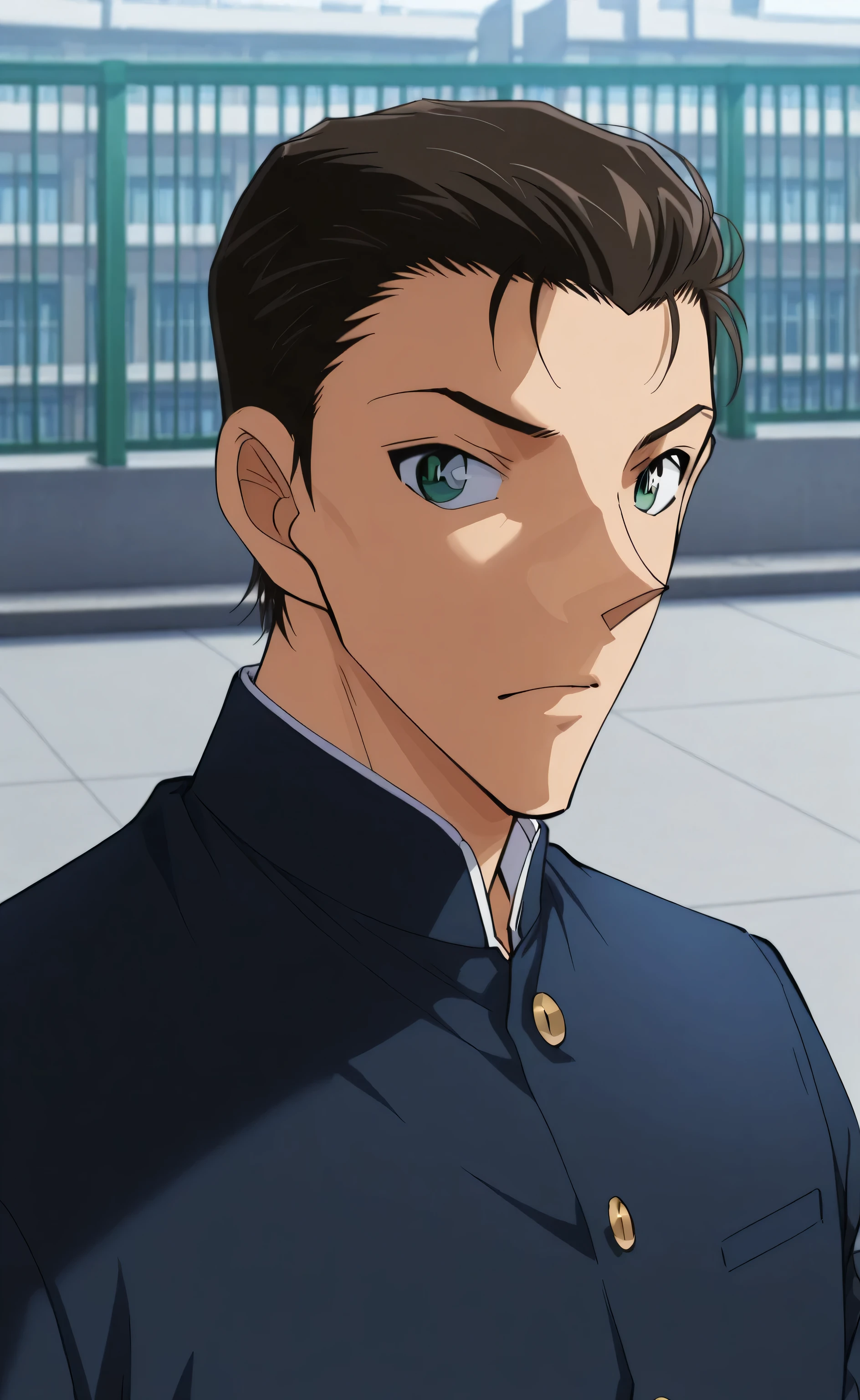 1male, solo, students, teenage, gun park, black hair, short hair, slicked back-hair, green eyes, Classic gakuran, muscle, rooftop, school, male focus, portrait, Detective Conan Style