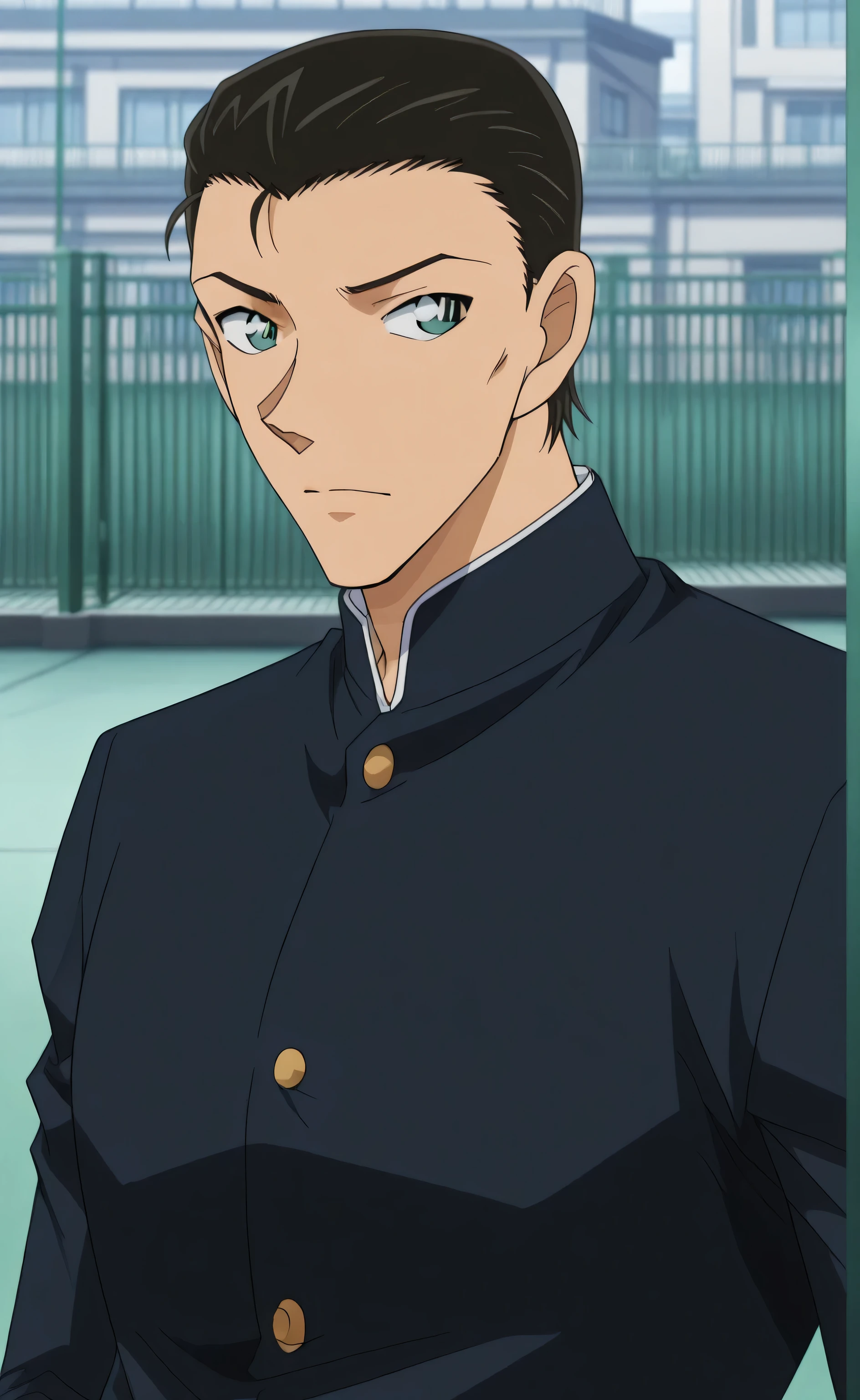 1male, solo, students, teenage, gun park, black hair, short hair, slicked back-hair, green eyes, grim, Classic gakuran, muscle, rooftop, school, male focus, portrait, Detective Conan Style