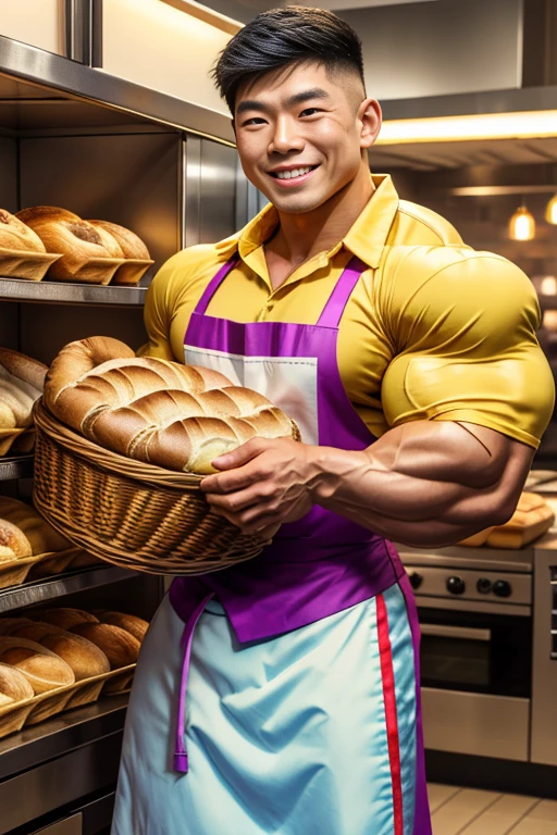 (: 1.5), (handsome Man sitting on table eating bread ),(crew cut short hair:1.8),black eye,(Wear a fitted round neck t-shirt in navy with a police badge.:1.5),(fit neck),Navy blue jeans,(black_gloves:1.2), Korean guy,chest muscles,large arm muscles,blood vessel,Big muscles,Broad shoulders, (open mouth:1.2),(face up:1.2),(open eyes:1.5), middle of the road,smile, In the bread shop,