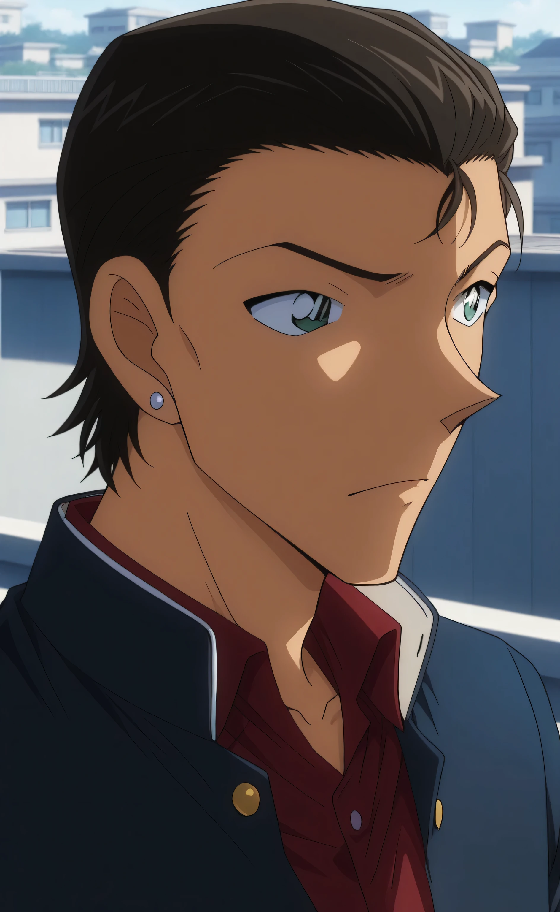 1male, solo, students, teenage, black hair, short hair, slicked back-hair, green eyes, grim, red shirt, Classic gakuran, earring, muscle, rooftop, school, male focus, portrait, Detective Conan Style