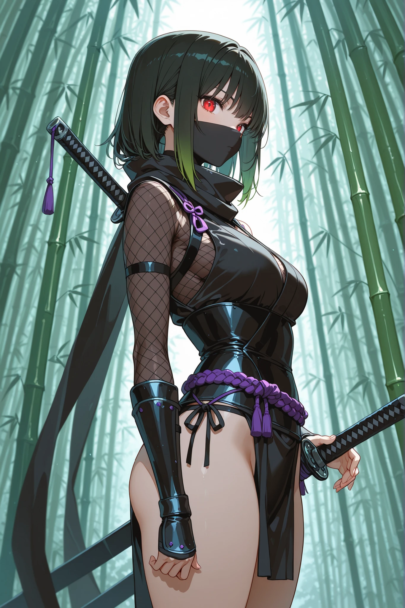 ((Highest Quality)), ((Masterpiece)), ( details)、animation、Highest Quality、details、Female Ninja、(Bamboo forest in the dark night)、sword、Small sword 、black ninja costume、Food、 Kills