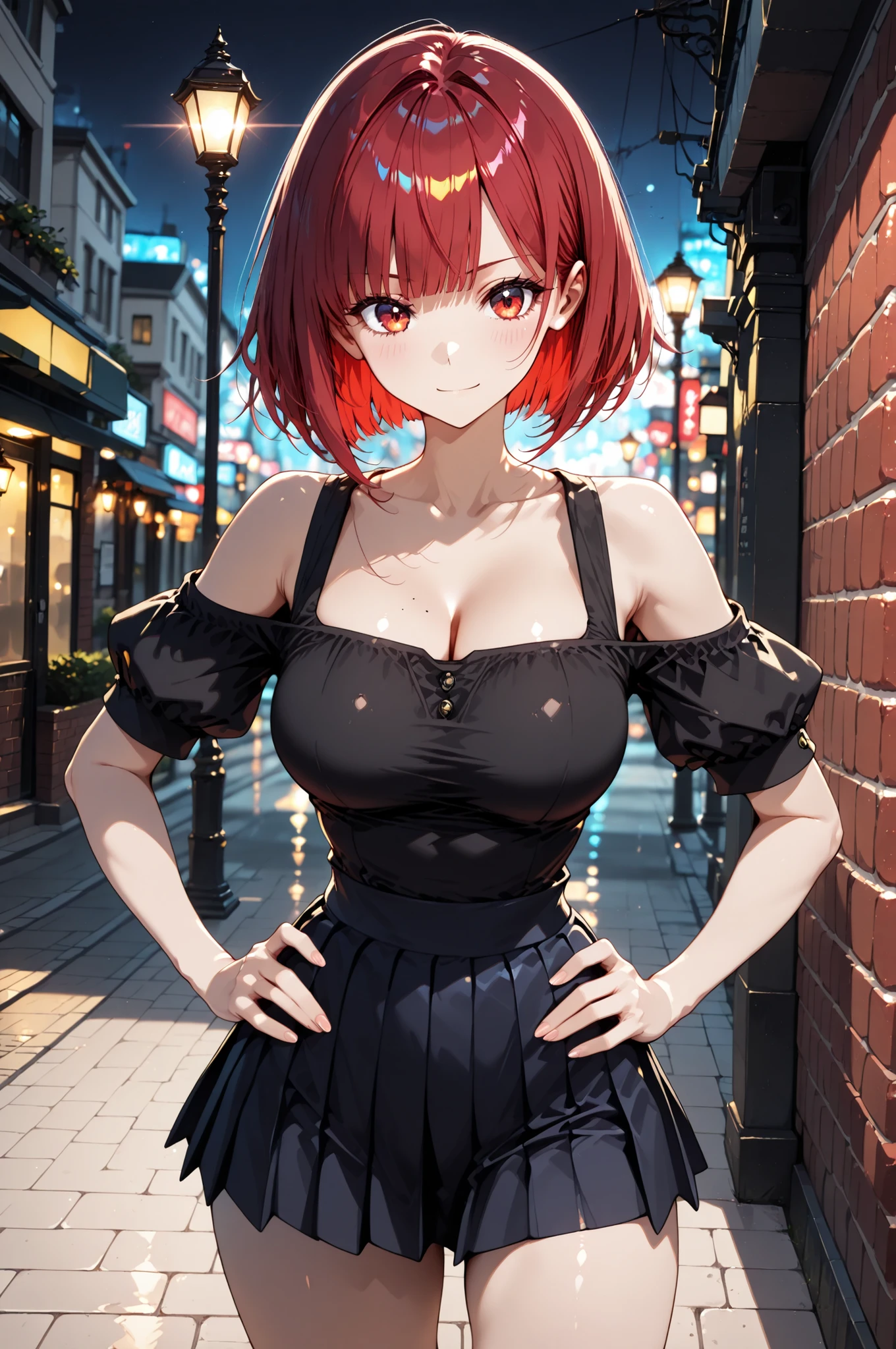 1 Girl, BRICK WALL FACE :1.2, Street lamp, solo, ((year zero)), 4 fingers:1.2, a knight who puts his hands on his hips, Off Shoulder, mini skirt, Pay attention to light and shadow in every detail, blurred background, (Highest Quality:1.2, 4K, 8k, Very Detailed, attention to detail, masterpiece:1.2, Ultimate aesthetics),