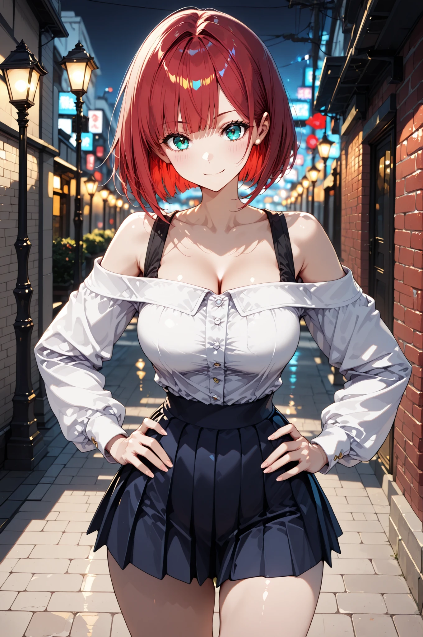1 Girl, BRICK WALL FACE :1.2, Street lamp, solo, ((year zero)), 4 fingers:1.2, a knight who puts his hands on his hips, Off Shoulder, mini skirt, Pay attention to light and shadow in every detail, blurred background, (Highest Quality:1.2, 4K, 8k, Very Detailed, attention to detail, masterpiece:1.2, Ultimate aesthetics),