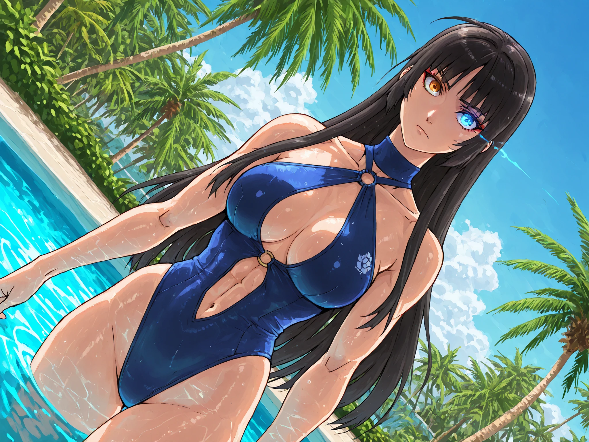 1girl, black hair, long hair, dark blue hair, ?????????????, wide ????, thick thighs, one-piece swimsuit, competitiom swimsuit, black swimsuit, blue trim, blue eyes, shy, timid, long sleeves, ???? lega, pool