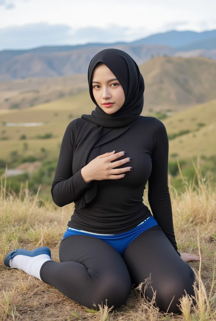 RAW, Best quality, high resolution, Masterpiece: 1.3), Beautiful malay woman in rugby outfit wearing shawl style hijab, non , wearing jersey outfit, ((beautiful medium height female,  between forearm)), flawless face, cute face, pretty malay face, beautiful white teeth, Masterpiece, Perfect plump body, full body, medium height girl,  rugby outfit, tight , short hair, ((wearing black shawl style hijab, wide and long hijab)), covered in , soaked in , beautiful big eyes, watery eyes, Soft smile, smiling, breezy, skin details, skin texture details, wide , thick thighs,  plump body, morning time, happy, bright sunshine, at football field, blurred background, bokeh, ((white, black and grey outfit, wearing baggy rugby jersey shirt short sleeves, wearing black handsocks, wearing tight sports panties, wearing black long socks,)), ((standing,  legs, sweaty )), ((hands above )), ((wearing long black gloves))