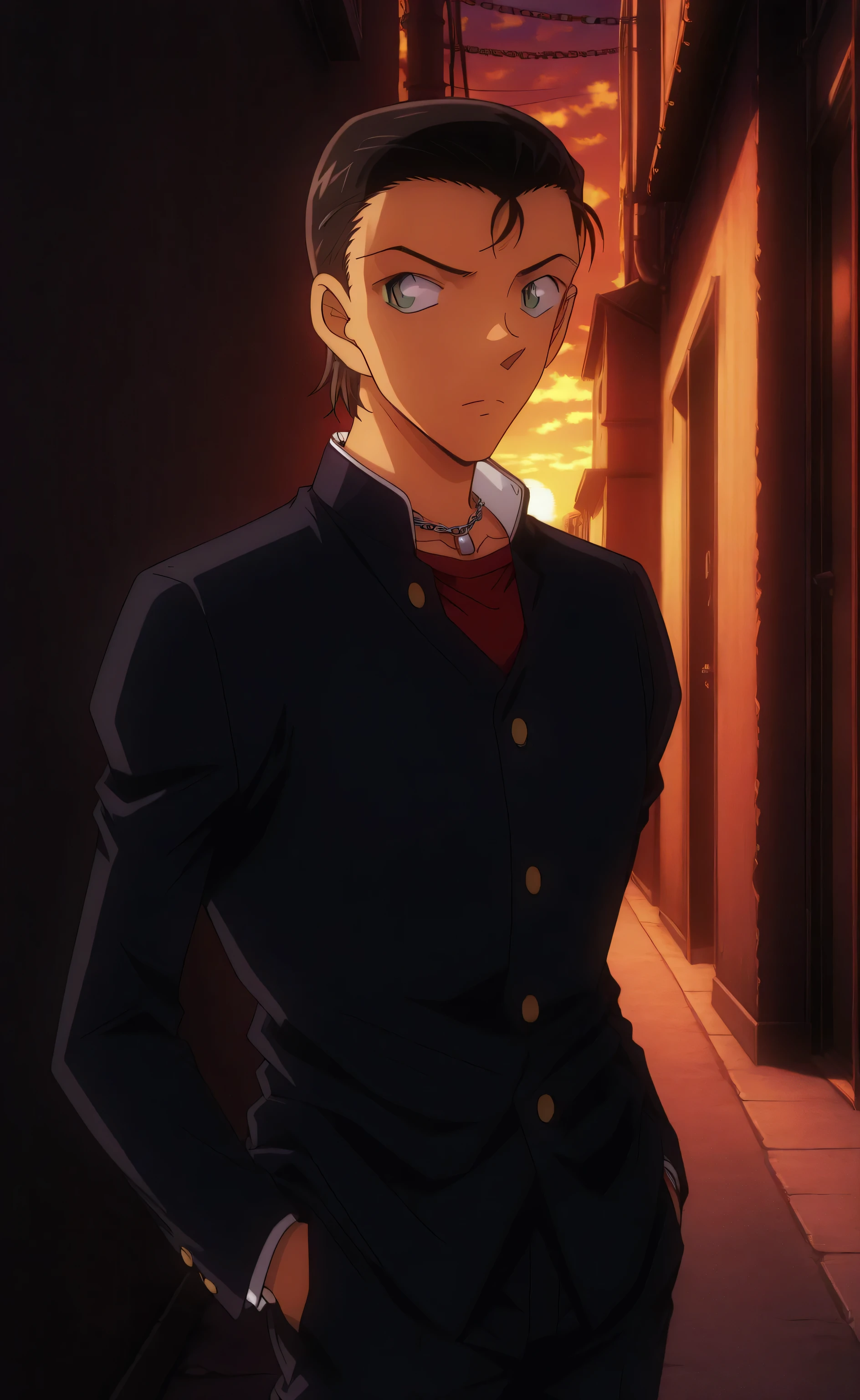 1male, solo, students, teenage, black hair, short hair, slicked back-hair, green eyes, grim, red t-shirt, Classic gakuran, necklace, chain-pants, thug, muscle, alley, sunset, male focus, portrait, Detective Conan Style
