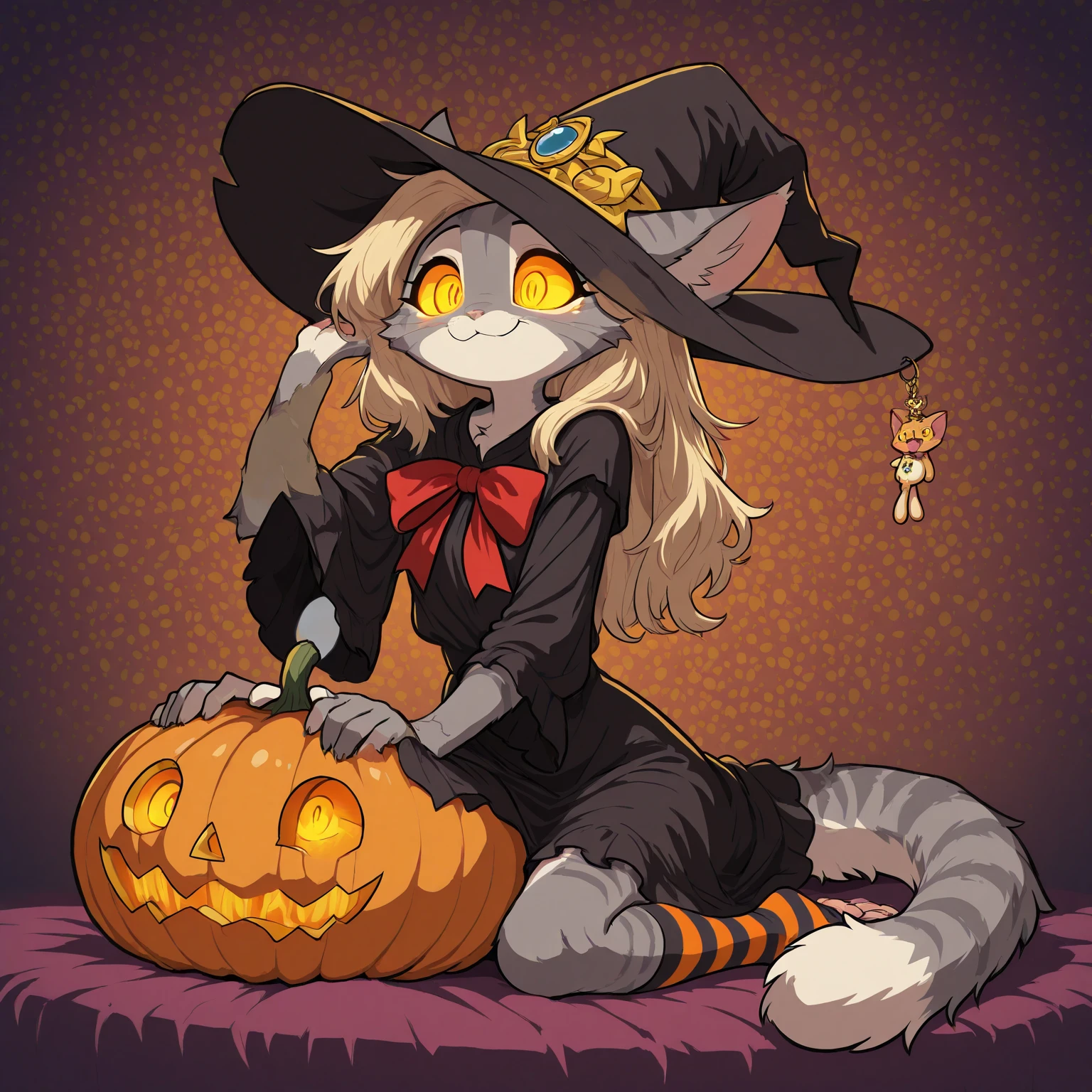 detailed background, dark and eerie forest, fog rolling through the trees, snow-covered ground, full moon shining brightly in the sky, a clearing with scattered leaves and pumpkins, a((slim and graceful)(snow leopard:1.2))female standing tall in her witch costume, (black dress adorned with silver stars), (pointy hat with a wide brim), (long flowing cloak trailing behind her), (sharp claws on her fingertips), (piercing green eyes sparkling with mischief), ((delicate pink nose:1.1)peeking out from under her witch hat), (playful smile revealing sharp fangs), detailed fur markings resembling mystical patterns on her body, (confident stance), (half-body view)