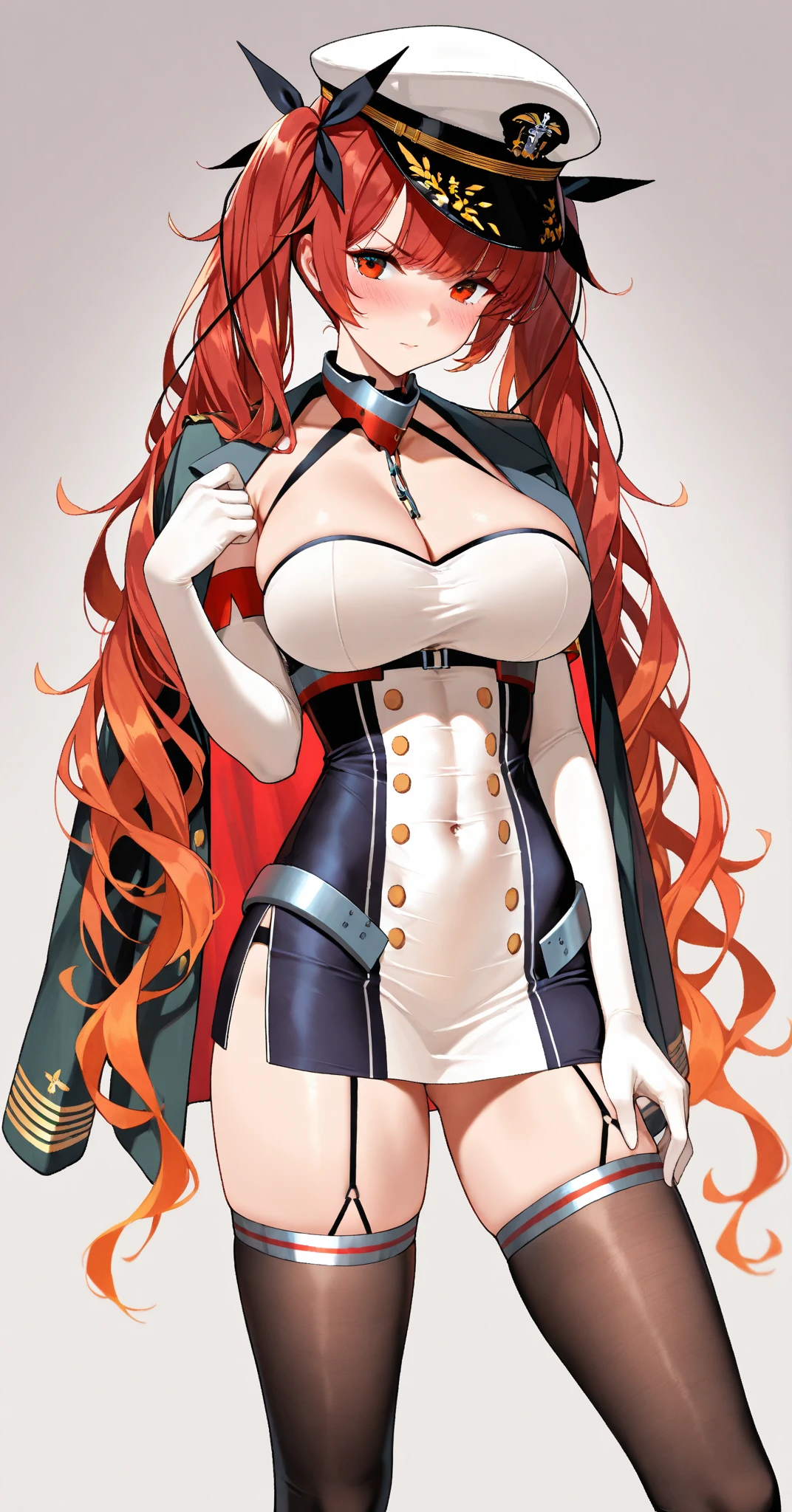 Score_9, score_8_up, honolulu, default outfit, military outfit, peaked cap hat, orange eyes, red hair, long hair, twintails, hair ribbons, ribbon, short dress, buttons, thighhighs, 1girl, solo, gloves, , wide , thick thighs, white gloves, elbow gloves, peaked cap, cleavage, black thighhighs, dress, hand on hip, short dress, jacket, jacket on shoulders, black ribbon, looking at viewer, stern look, blush, standing, cowboy shot, outdoors, 