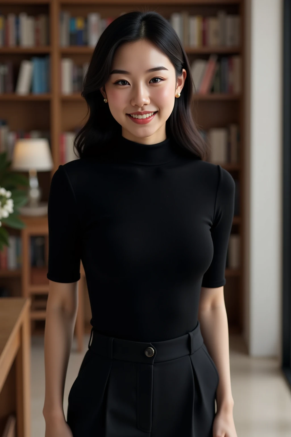 (1girl), (round eyes:1.2), (highly detailed face and eyes), smile, Amazing face and eyes, (Best Quality:1.4), (Ultra-detailed), (extremely detailed CG unified 8k wallpaper), Highly detailed, High-definition raw color photos, Professional Photography, Realistic portrait, Amazing face and eyes, indoors, office, (office lady, casual, :1.3), (A moment of relaxation), model, depth of fields, (fine face:1.2),