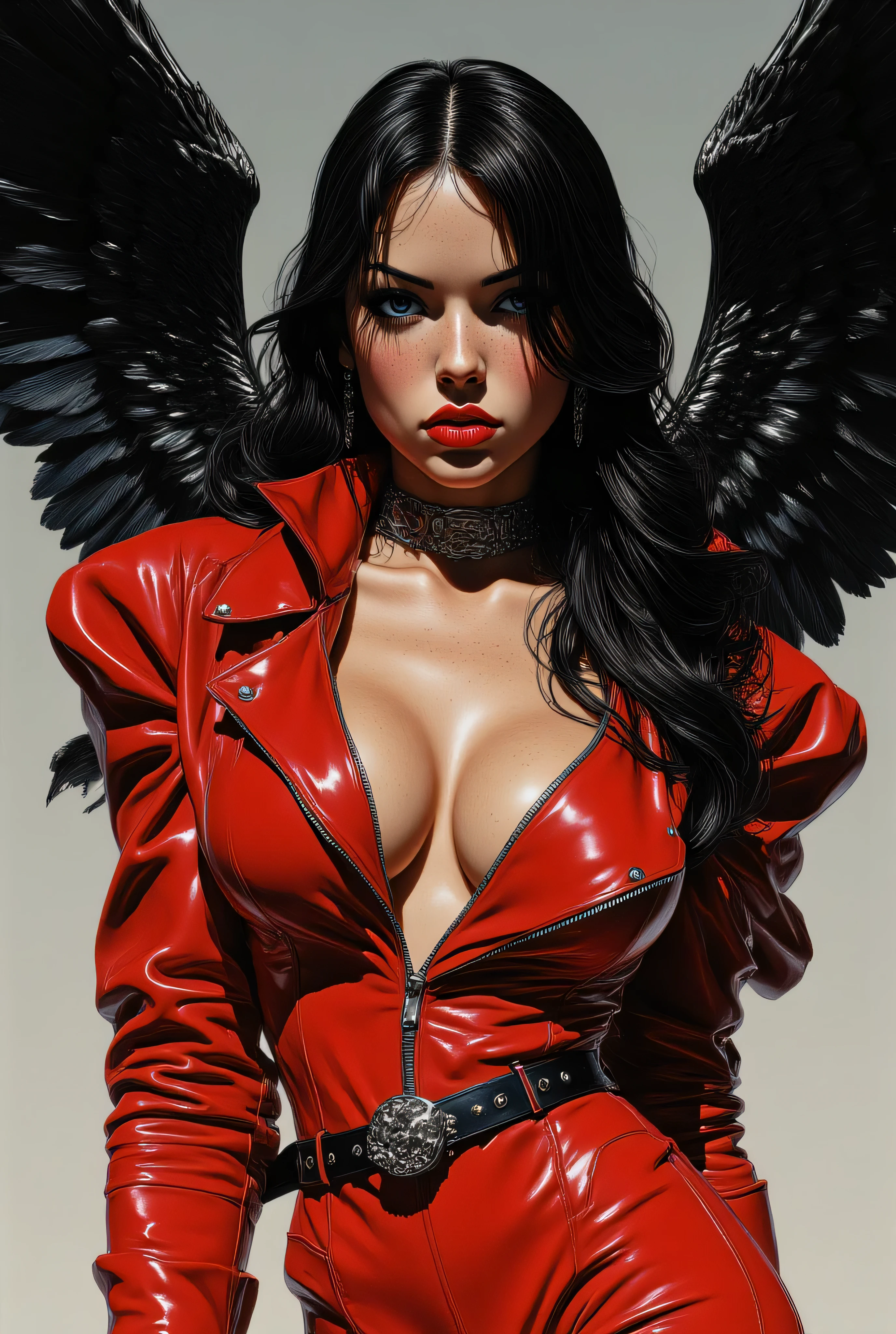 Subject/Composition: Black and white (monochrome), ultra-detailed, cinematic portrait of  A seductive and powerful woman with long, straight, dark hair, wearing a high-shine red leather long-sleeved jacket with an open, plunging neckline, paired with tight, high-shine red leather pants. She has large, black feathered wings extending from her back. Her features are bold with red lips and an intense, piercing gaze. The lighting is dramatic, highlighting the texture of the glossy leather and the dark feathers.
​Details: Freckled skin with beads of water/sweat. Heavy, smoky makeup, piercing eyes.
​Her expression is a sly, confident smile, suggesting she is waiting for an attack.  Chunky choker/chain necklace and a small dangling earring.
​Lighting/Style: High contrast, dramatic chiaroscuro lighting. Strong single light source casting deep shadows, highlighting muscle tone and texture. Ultra-realistic detail, fine film grain, high sharpness. Tense, humid atmosphere.
​Styles/Artists: Photorealism, Cinematic Lighting, Hyperdetailed, Greg Rutkowski, Artgerm, Loish, Blade Runner, Akira, Ghost in the Shell